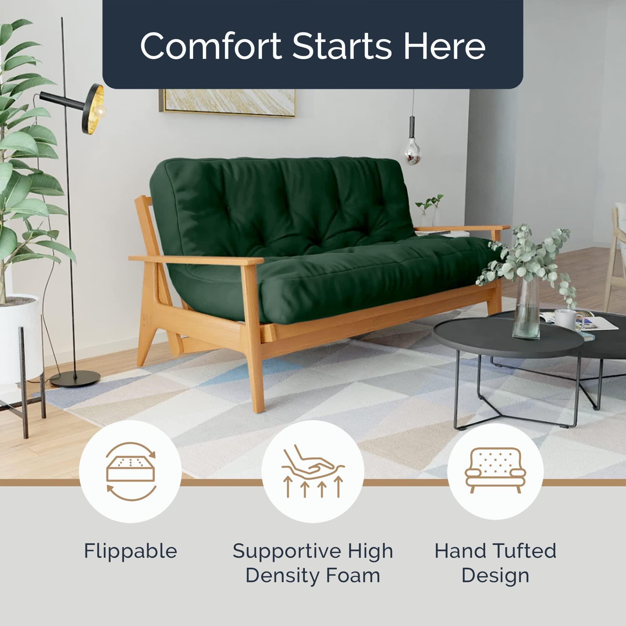 Loosh Loosh Full Size Sofa Bed Foam Canvas Futon Mattress - 8\" USA Made, Dark Green, Frame Not Included