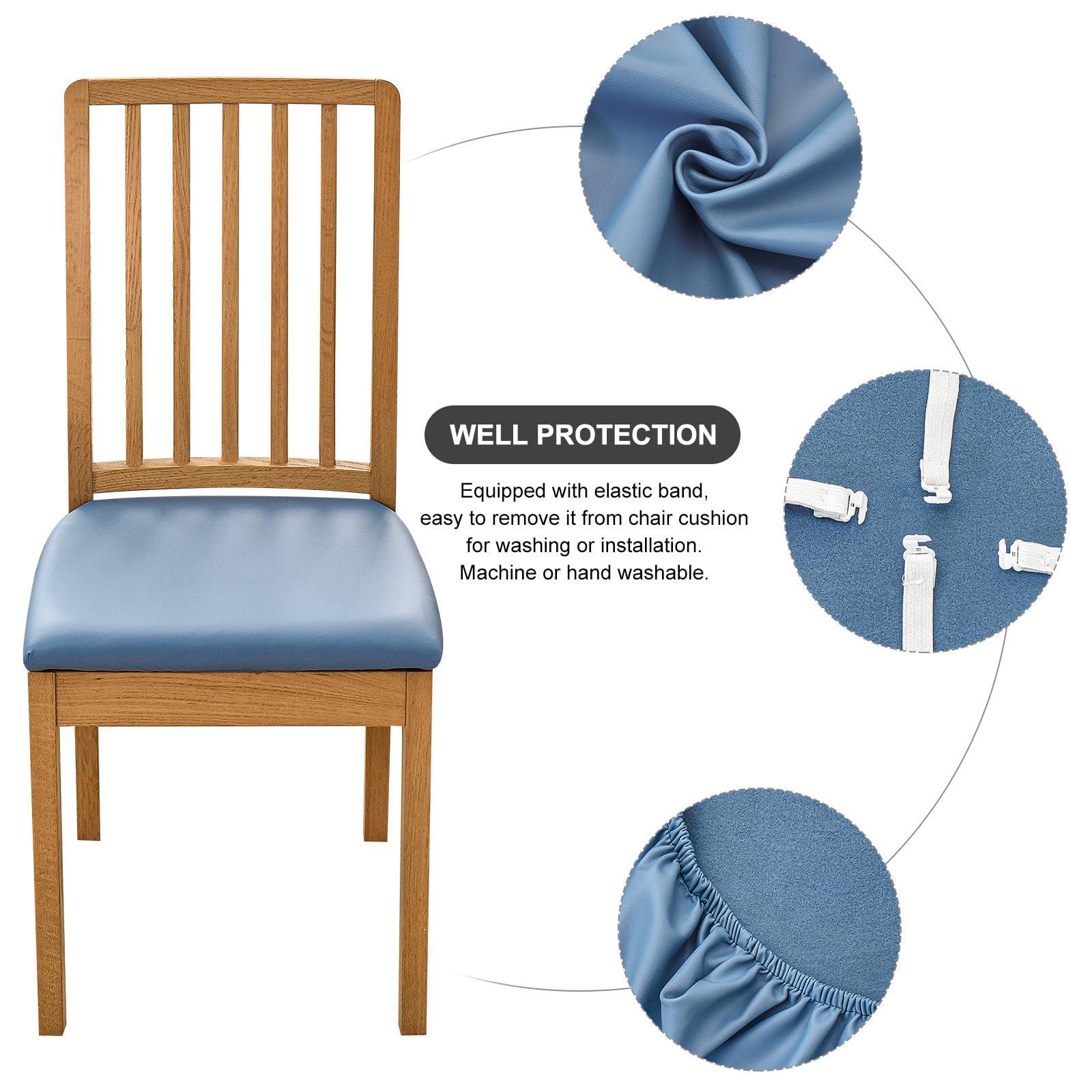 SearchI SearchI Waterproof PU Leather Seat Covers for Dining Chairs, 4 Pack Stretch Dining Room Chair Seat Covers, Kitchen Chair Seat Covers Protectors (Blue)