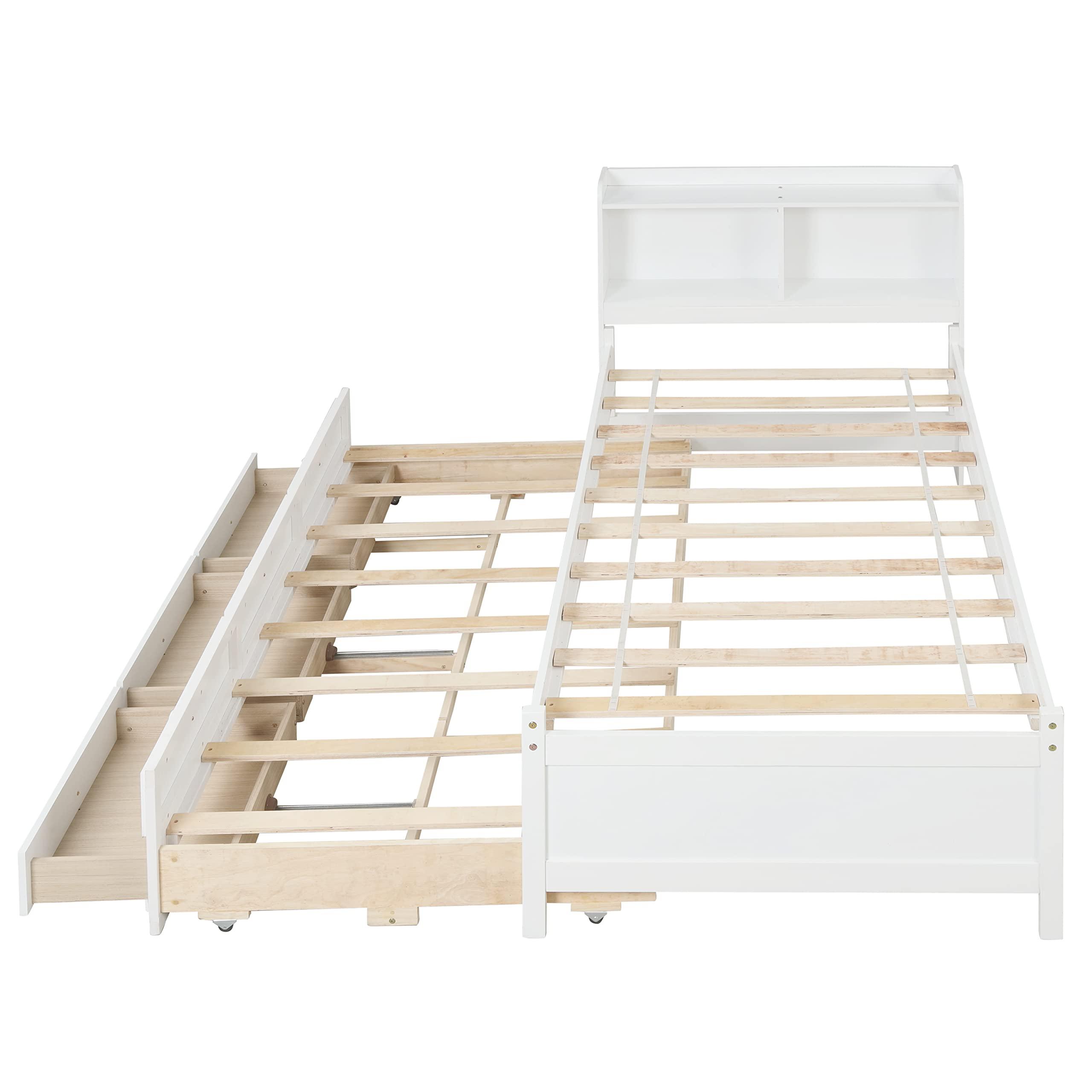 SOFTSEA SOFTSEA Twin Captains Bed with Trundle and Drawers, Twin Size Platform Bed with Bookcase Headboard, Wood Twin Storage Bed for Kids Teens Adults, White