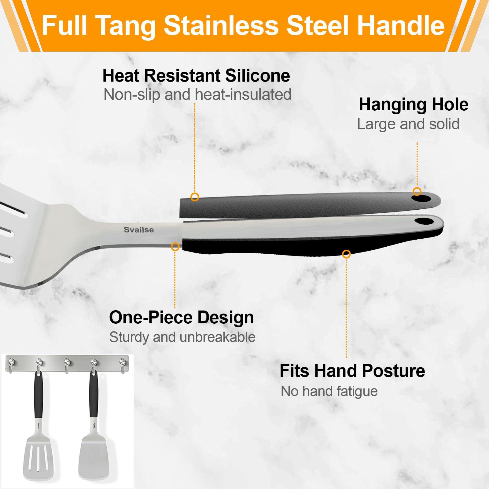 Svailse Svailse Stainless Steel Spatula, 13.4 Inch Metal Spatula for Kitchen Use, Heavy Duty Turner with Silicone Handle, Set of 2 Solid & Slotted Metal Turner for Cast Iron Skillet, Grilling and Cooking