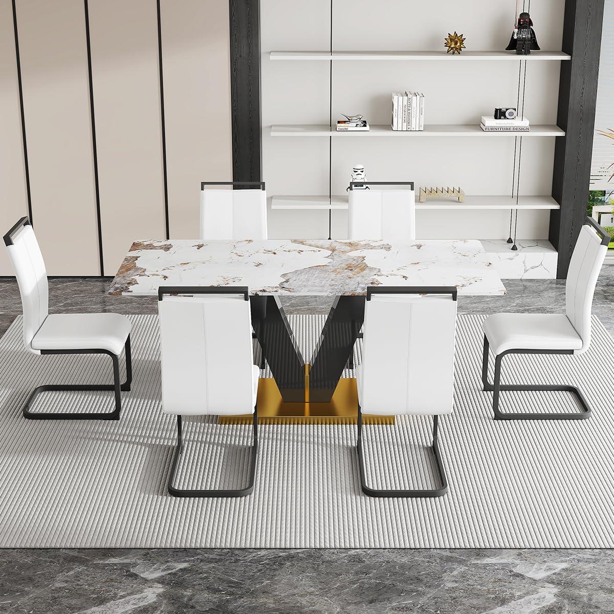 Rejeke Rejeke 71" Dining Table Set for 6, Modern White Rectangle Dining Room Table with PU Leather Chairs, Faux Marble Top