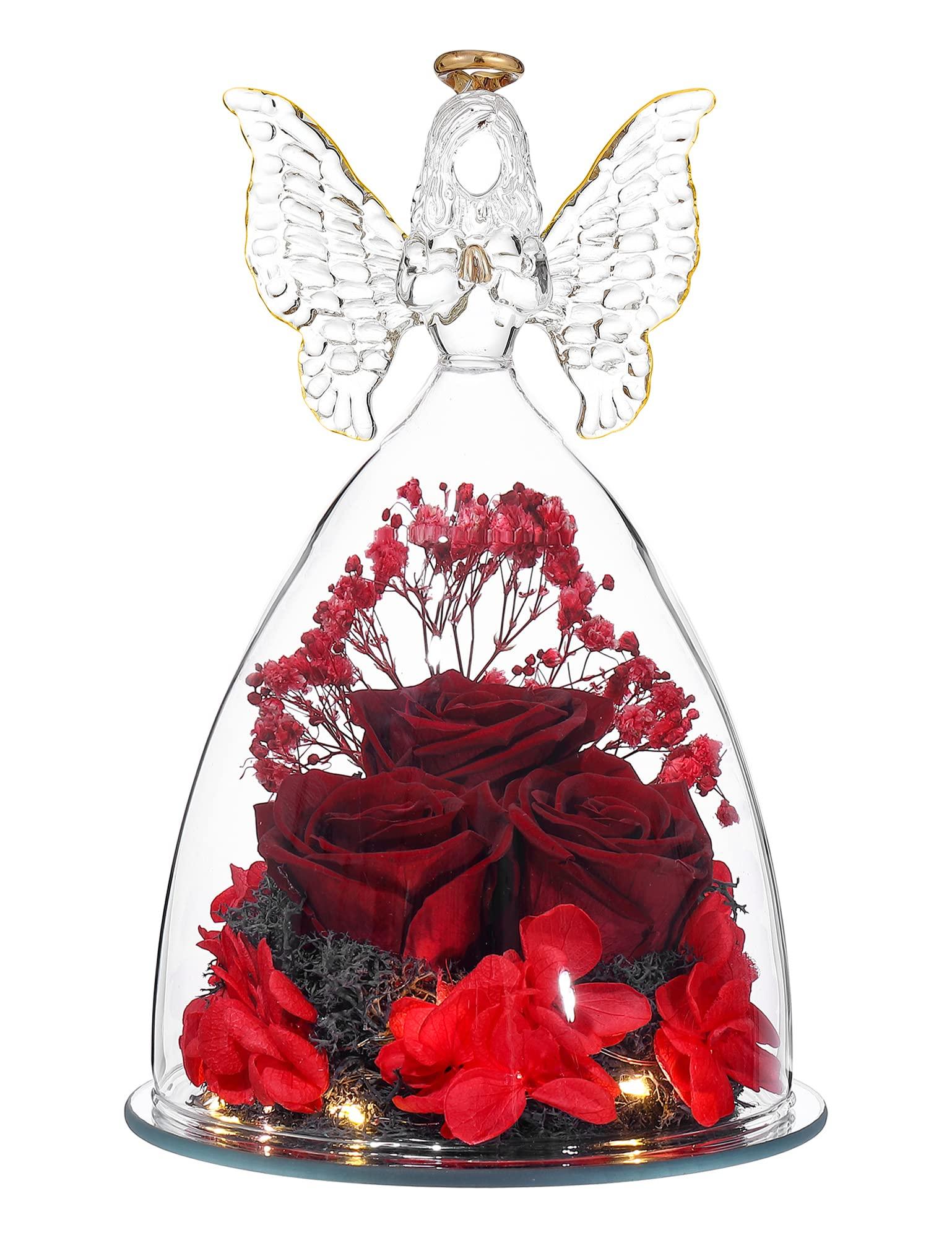Tiaronics Tiaronics Mothers Day Rose Gifts Glass Angel Figurine with Three Roses Gifts, Preserved Forever Real Rose Gifts for Women, Angel Guardian with Rose for Valentine Day Mothers Day - Wine Red