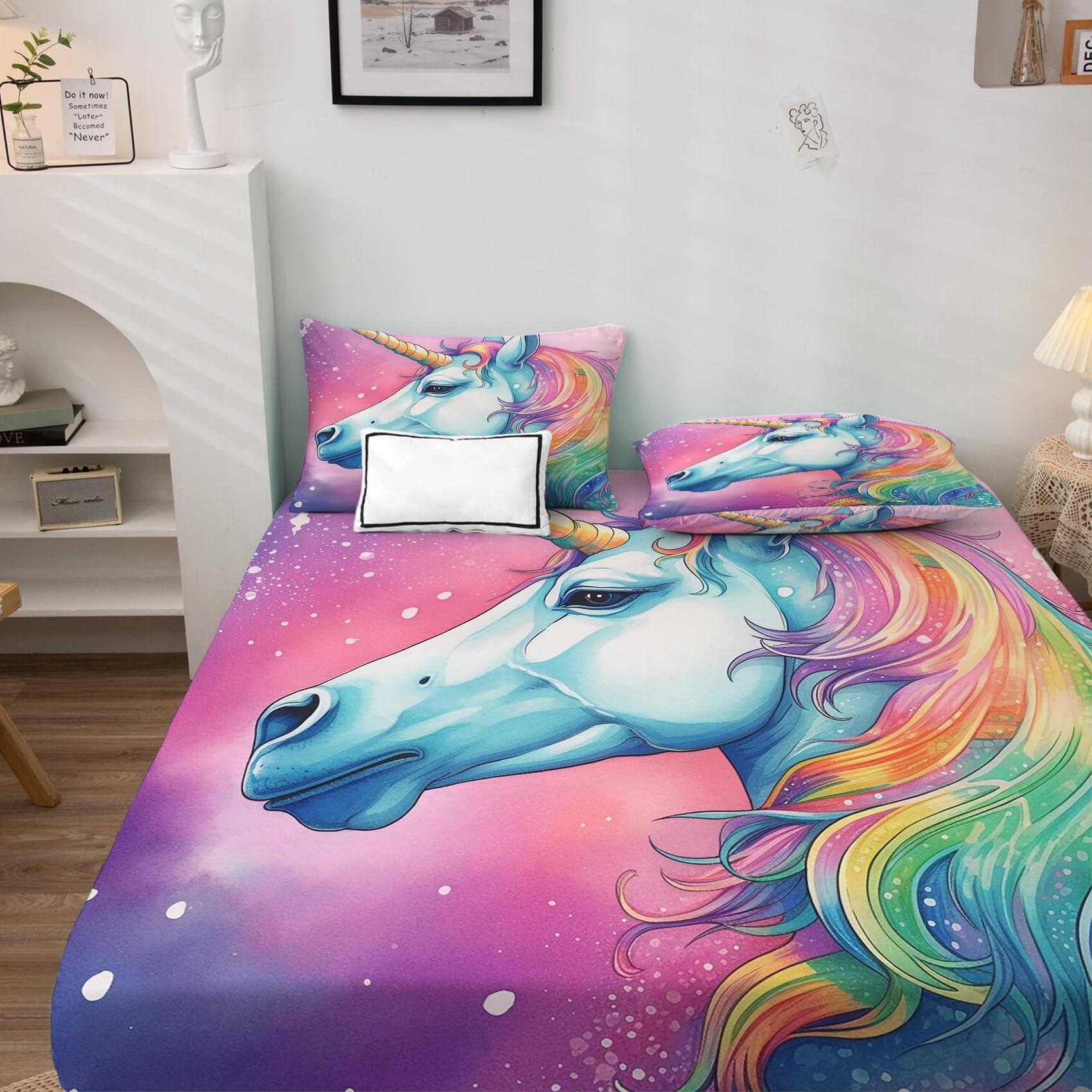 zcsm Twin XL Sheets Set - Unicorn Bed Sheets, Girls Bedding Sheets & Pillowcases, Soft Microfiber & Deep Pocket & Wrinkle Free Patterned Sheet Set, 3 Piece ( 1 Fitted Sheet, 1 Flat Sheet, 1 Pillow Case )