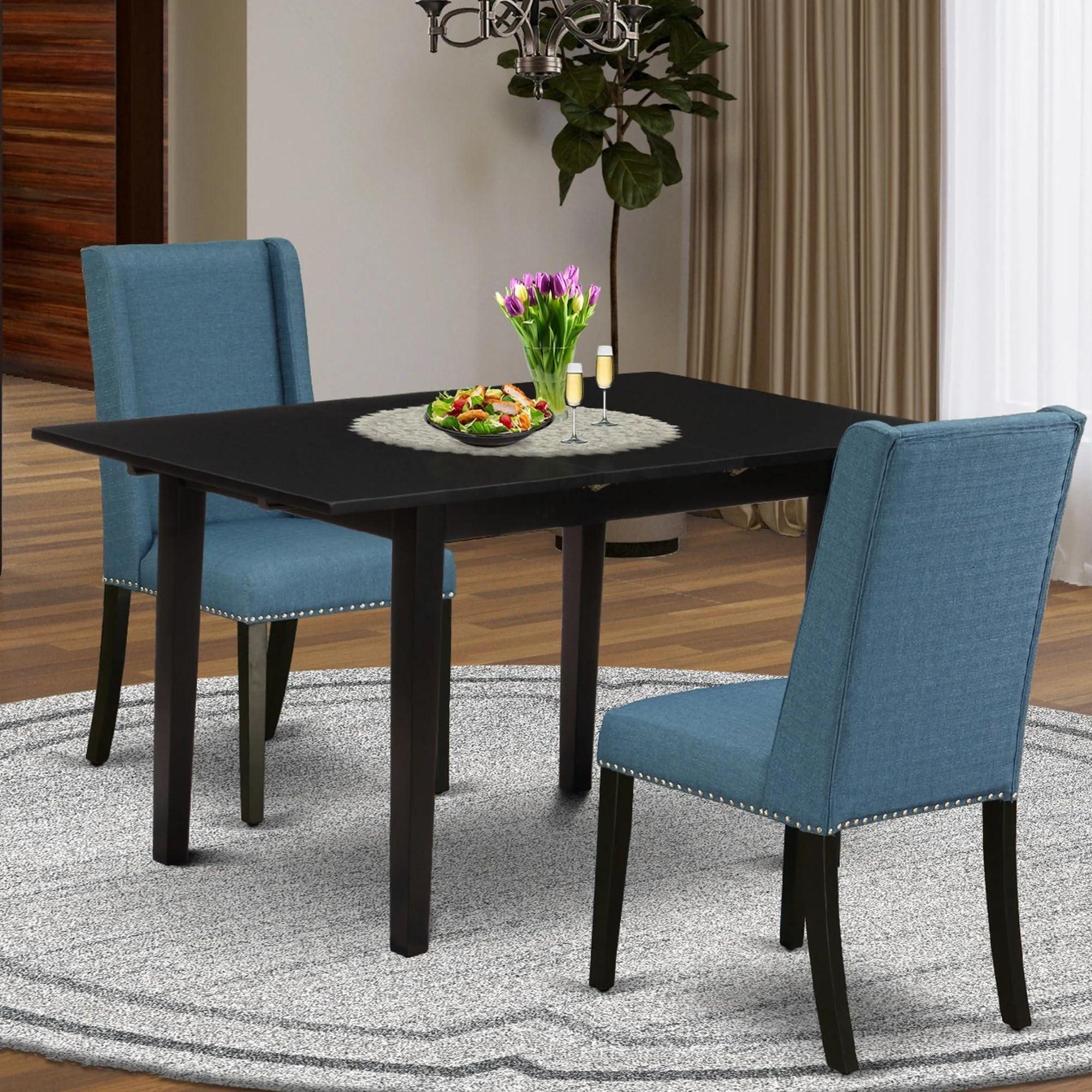 East West Furniture East West Furniture NOFL3-BLK-21 3 Piece Modern Dining Table Set Contains a Rectangle Wooden Table with Butterfly Leaf and 2 Blue Linen Fabric Upholstered Chairs, 32x54 Inch, Black