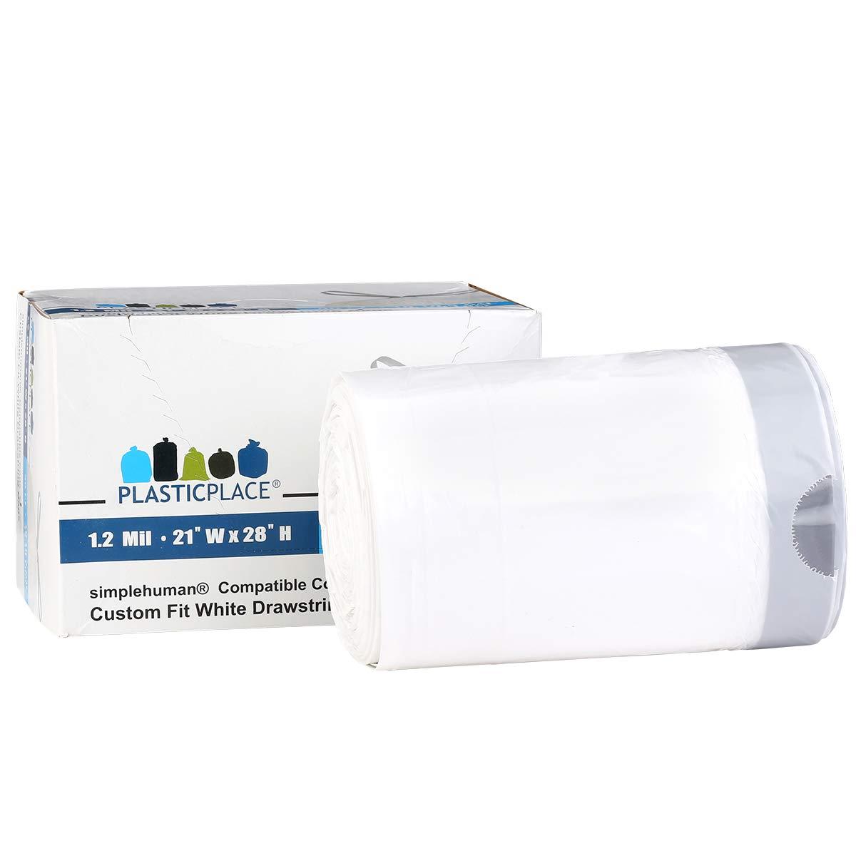 Plasticplace Plasticplace Custom Fit Trash Bags, Compatible with simplehuman Code J (50 Count), White Drawstring Garbage Liners 10-10.5 Gallon / 38-40 Liter, 21\" x 28\"