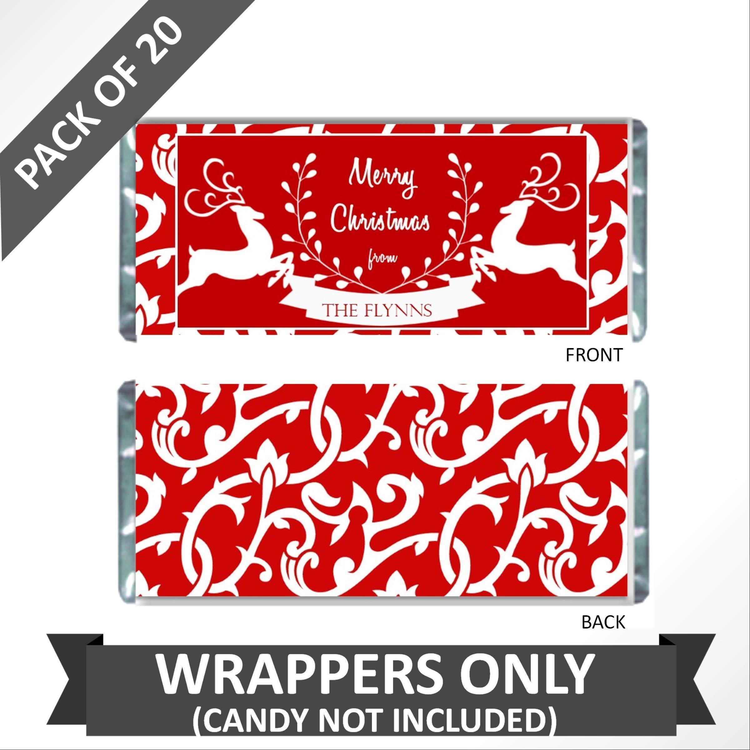 Cathy Wraps Personalized Christmas Candy Wrappers for Chocolate, Reindeer Design, Holiday Party Favors, Pack of 20 Custom Hershey Bar Labels