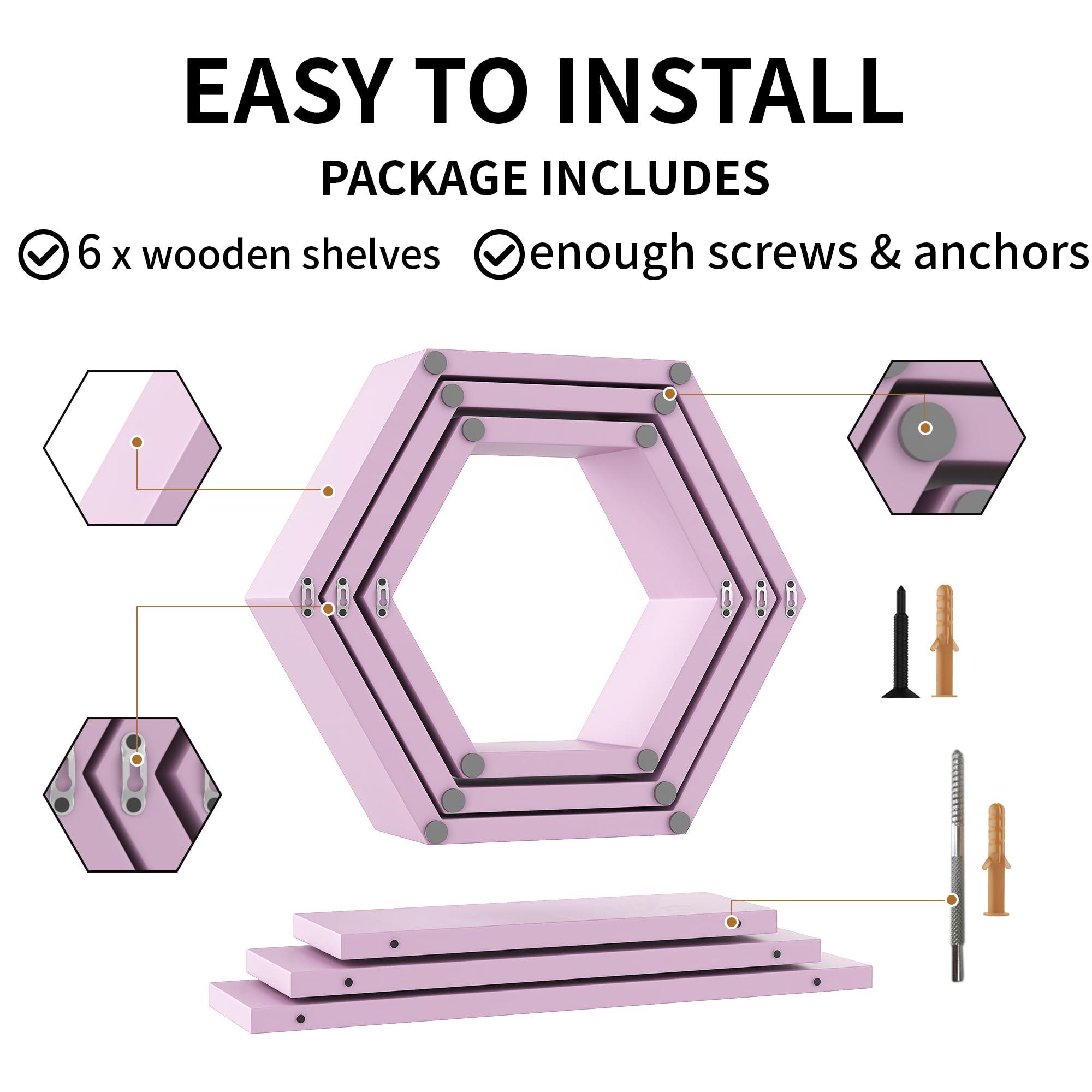 LUDORU LUDORU Wooden Hexagon Floating Shelves Wall Mounted,Set of 6 Pine Hexagon Shelves Display for Photos,Plants,Rustic Honeycomb Shelves for Living Room,Bedroom,Bathroom, Kitchen, Office Decor, Pink