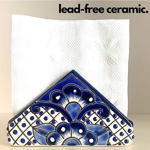 Casa Fiesta Designs Ceramic Napkin Holder - Authentic Mexican Pottery - for Kitchen Countertop | Dinner Table | Indoor & Outdoor Use Tissue and Letter Holder - Mexican Style Talavera Servilletero (Blue and White)