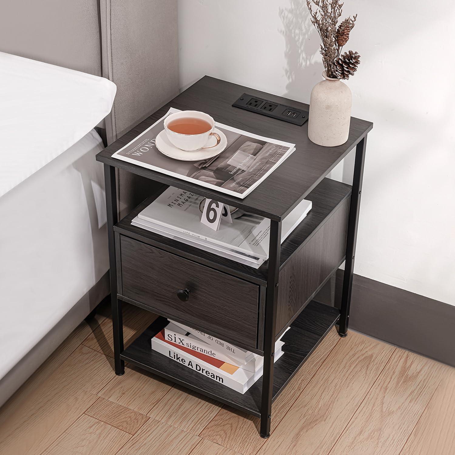 Our Modern Space Our Modern Space Wooden Nightstand with Charging Station USB Port and Single Drawer | Bedside Table End Cabinet for Living Room Bedroom Dorm - Rustic Brown