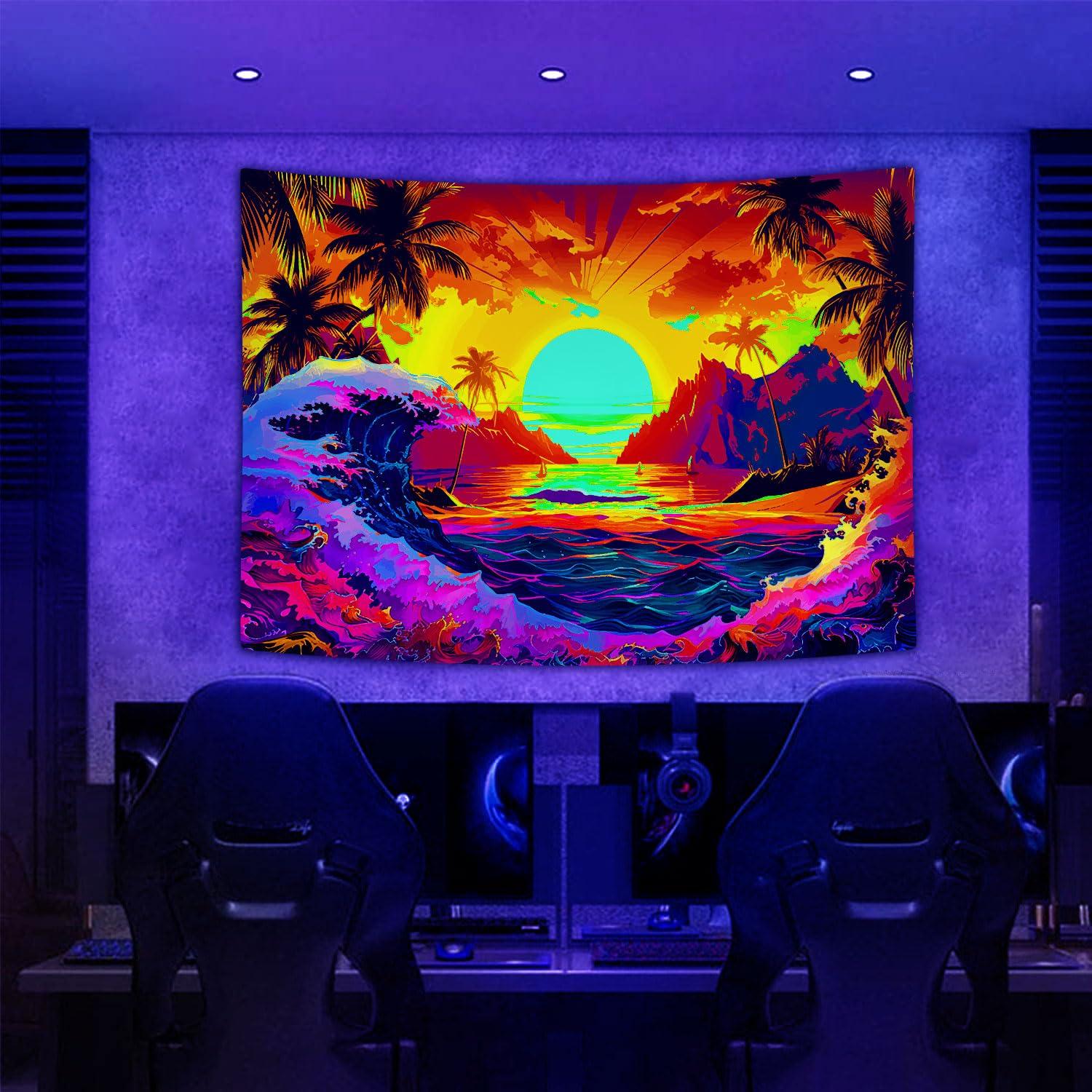 MDUKOIN MDUKOIN Blacklight Sea Tapestry,UV Tapestries,Seaside Sunset Tapestries,Beach Tapestry Sea Wave Tapestries Wall Hangings,Summer Tapestries for Bedroom,Ocean Tapestry for Bedroom Aesthetic 60X40in