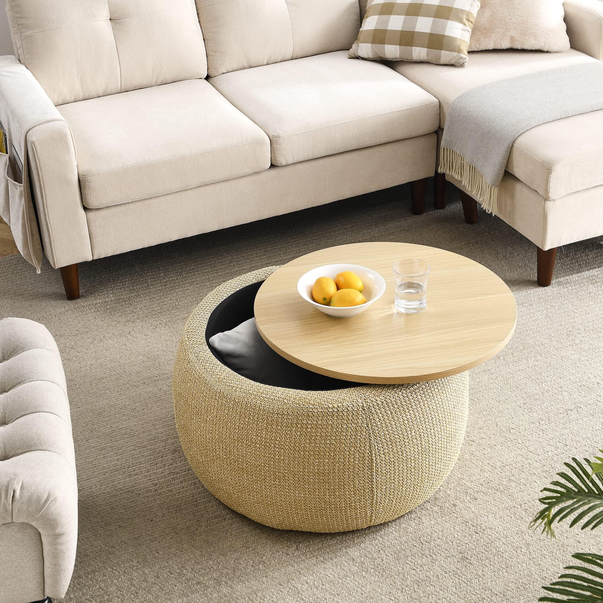 Kakotito Kakotito Modern Round Storage Ottoman with Wooden Lid,Circle Ottoman Handmade Ottoman Coffee Table,End Table & Footstool for Living Room (Natural)