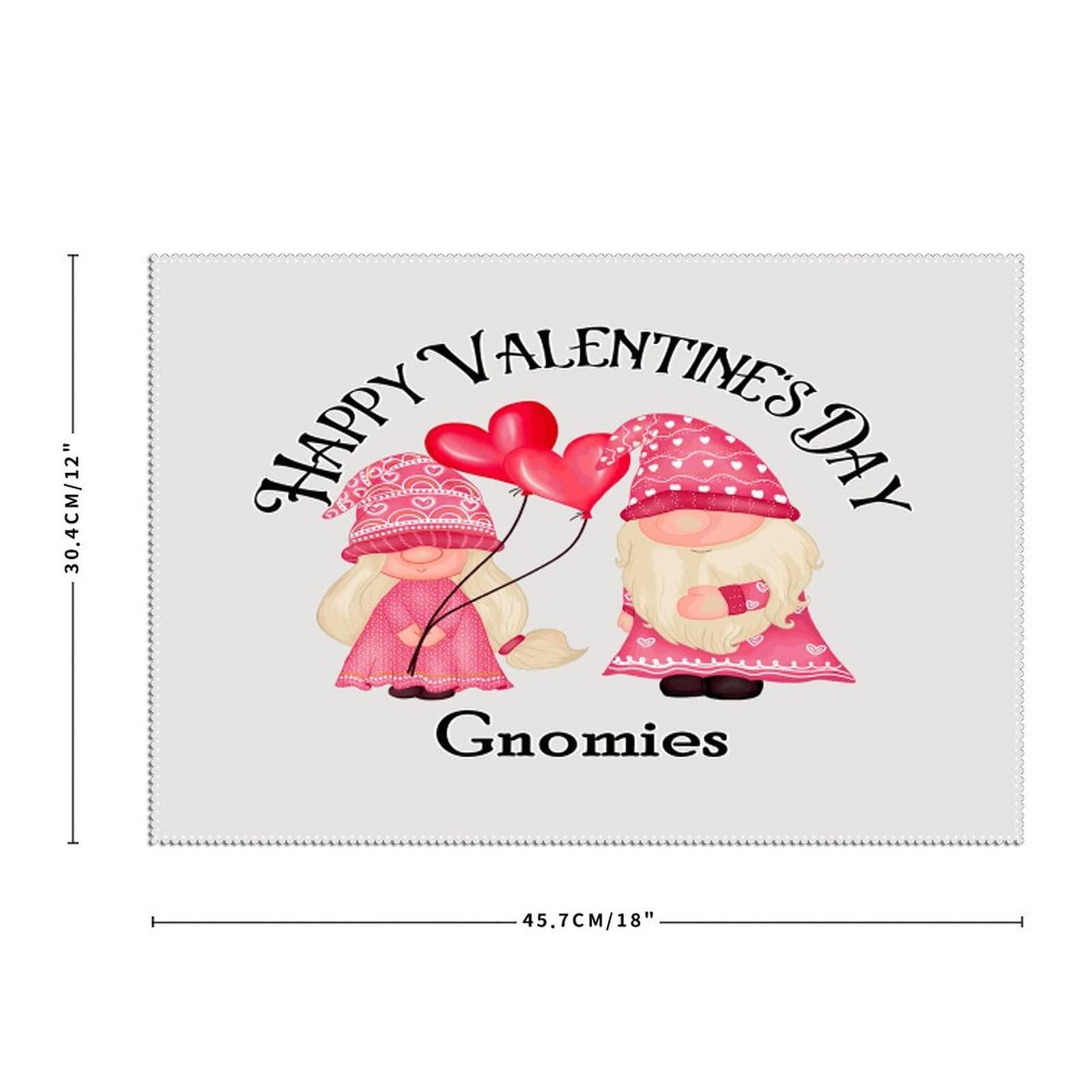 COVOME Happy Valentine\'s Day Gnomies Place Mats Set of 6 Modern Swedish Tomte Nisse Placemats for Dining Table Washable Easy to Clean Polyester Dining Table Place Mats for Dining Table Indoor Outdoor