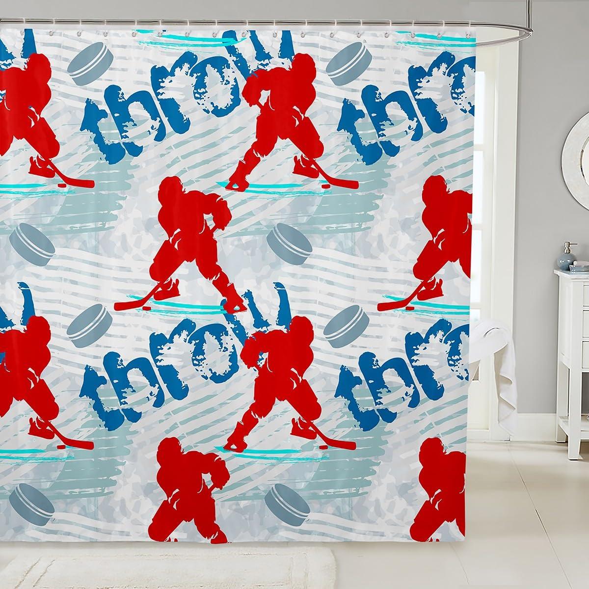 Homewish Ice Hockey Kids Shower Curtains,Winter Event Ball Sport Game Bathroom Curtains for Boys Adults,Athlete Silhouette Graffiti Red Blue Stylish Waterproof Curtains for Bathtub,12 Hooks Suits,72\"W x 78\"L