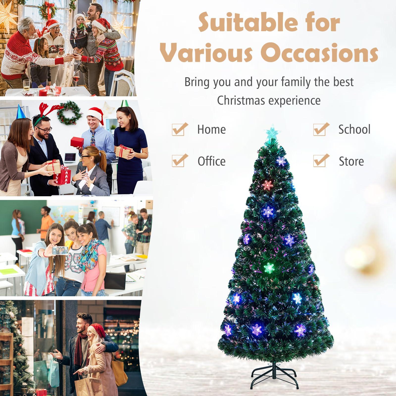 Goplus Goplus 6ft Pre-Lit Fiber Optic Christmas Tree, Artificial Xmas Full Tree with Colorful Snowflake LED Lights, 220 Branch Tips, Foldable Metal Base, for Office Home Holiday Decor