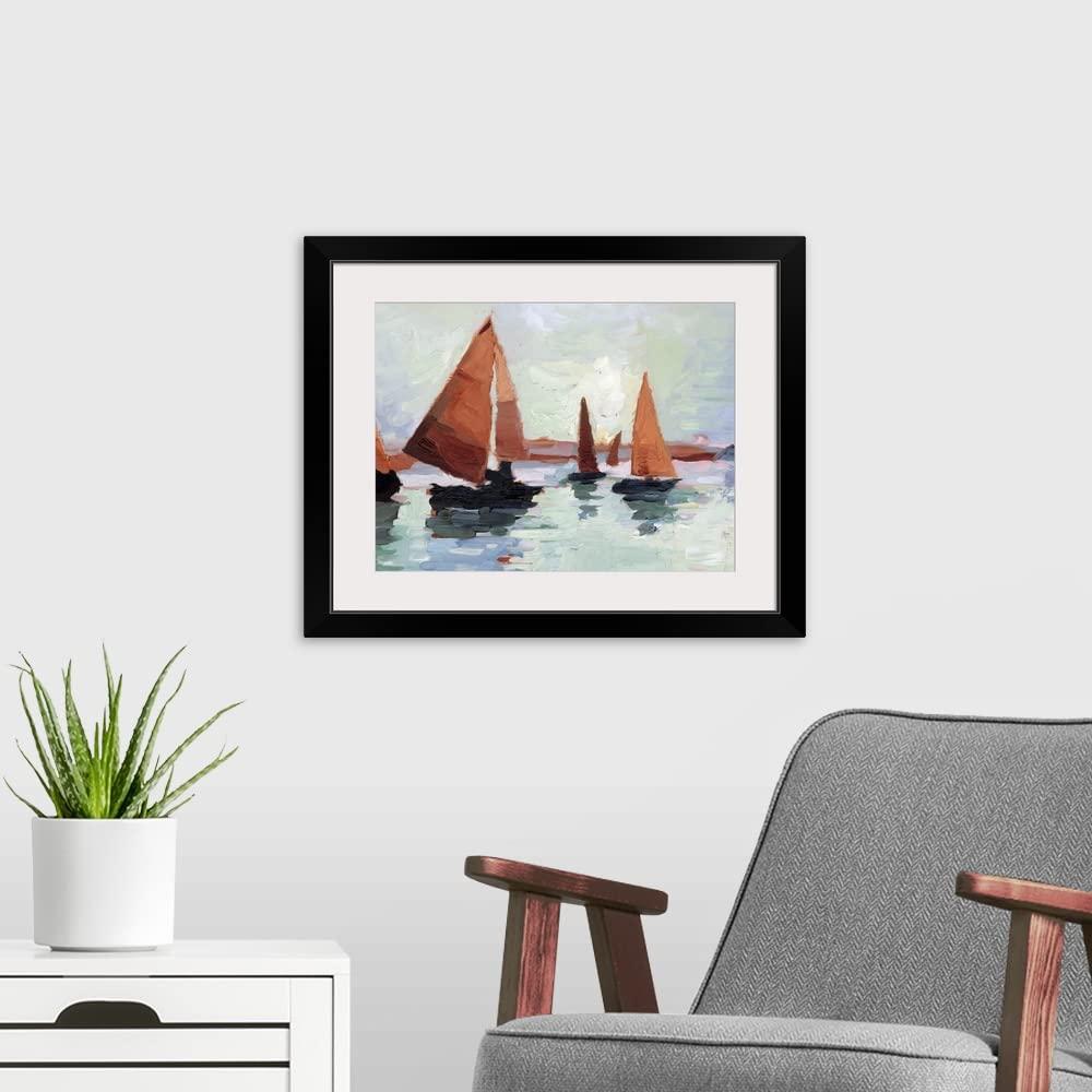 GREATBIGCANVAS GREATBIGCANVAS Sunset Harbor I Black Framed Wall Art Print, Sailing Artwork