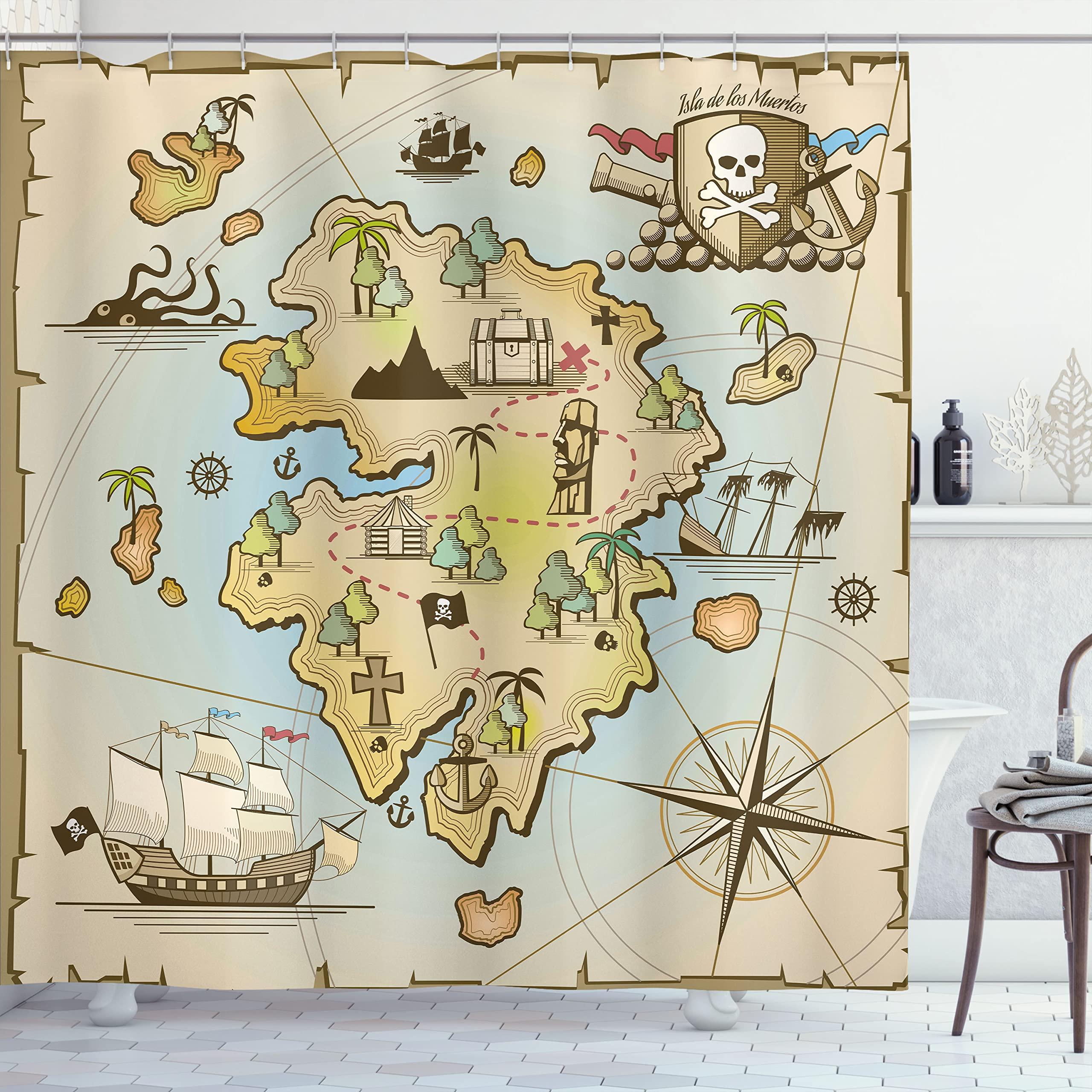 Ambesonne Ambesonne Island Map Shower Curtain, Cartoon Treasure Island Pirate Ship Chest Kraken Octopus Nautical Design, Cloth Fabric Bathroom Decor Set with Hooks, 69" W x 70" L, Pale Beige