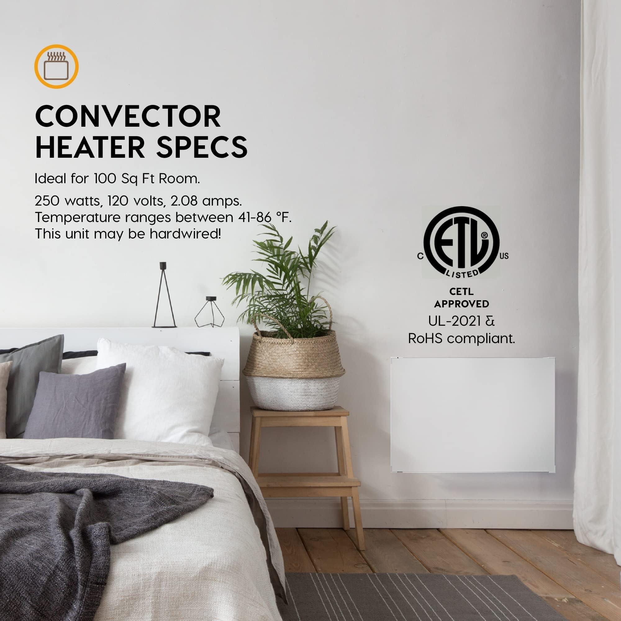 EconoHome EconoHome Wall Mount Space Heater Panel with Heat Guard - 250 Watt Splashproof Convection Heater with Thermostat - Ideal for 100 Sqf Room or Bathroom - 120V Electric Heater - Updated Model