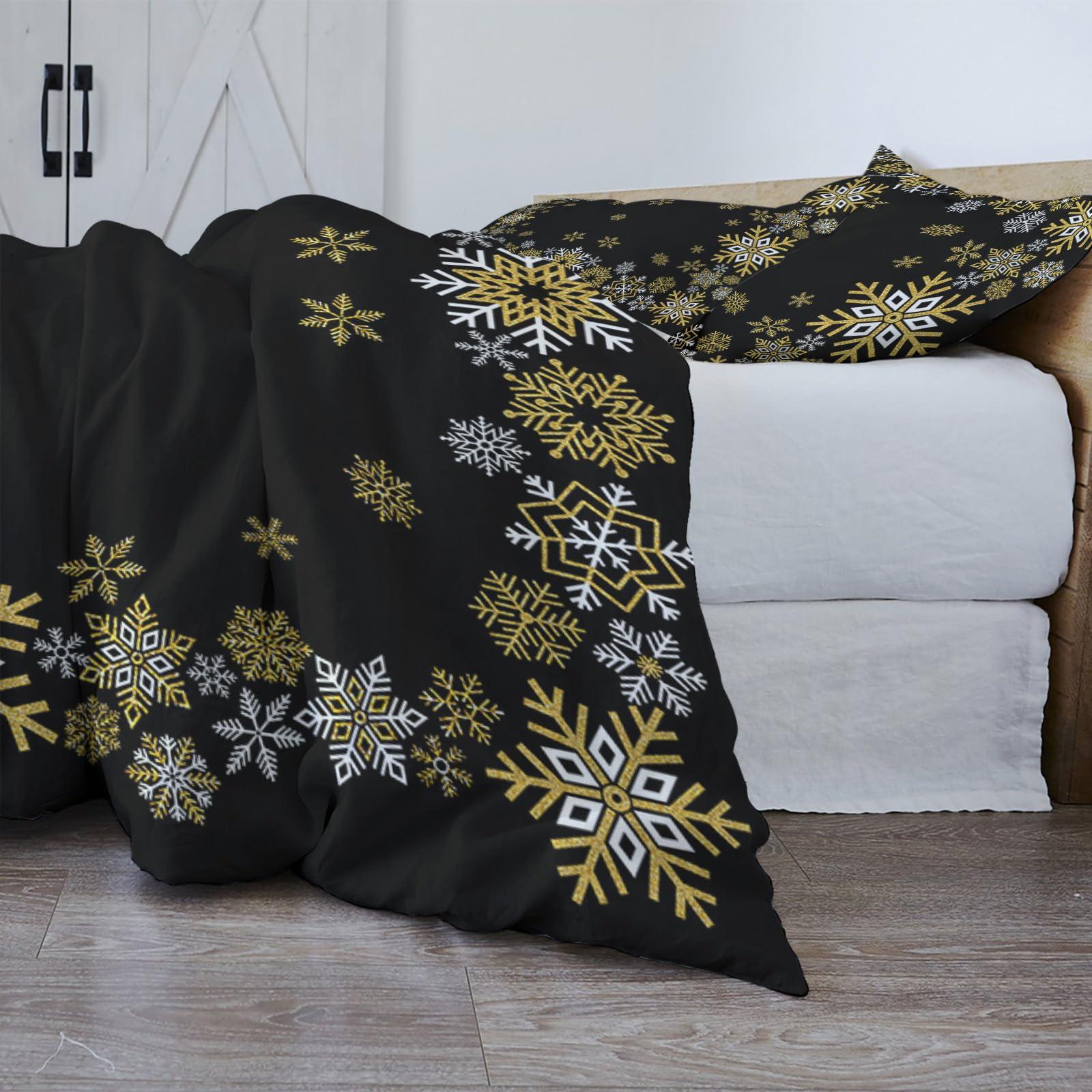 Debedcor Christmas Duvet Cover Cal. King Size, Yellow White Snowflake Winter Black Xmas Comforter Cover with Zipper Closure, 3 Piece Bedding Sets 1 Duvet Cover 90x106 Inches and 2 Pillow Shams