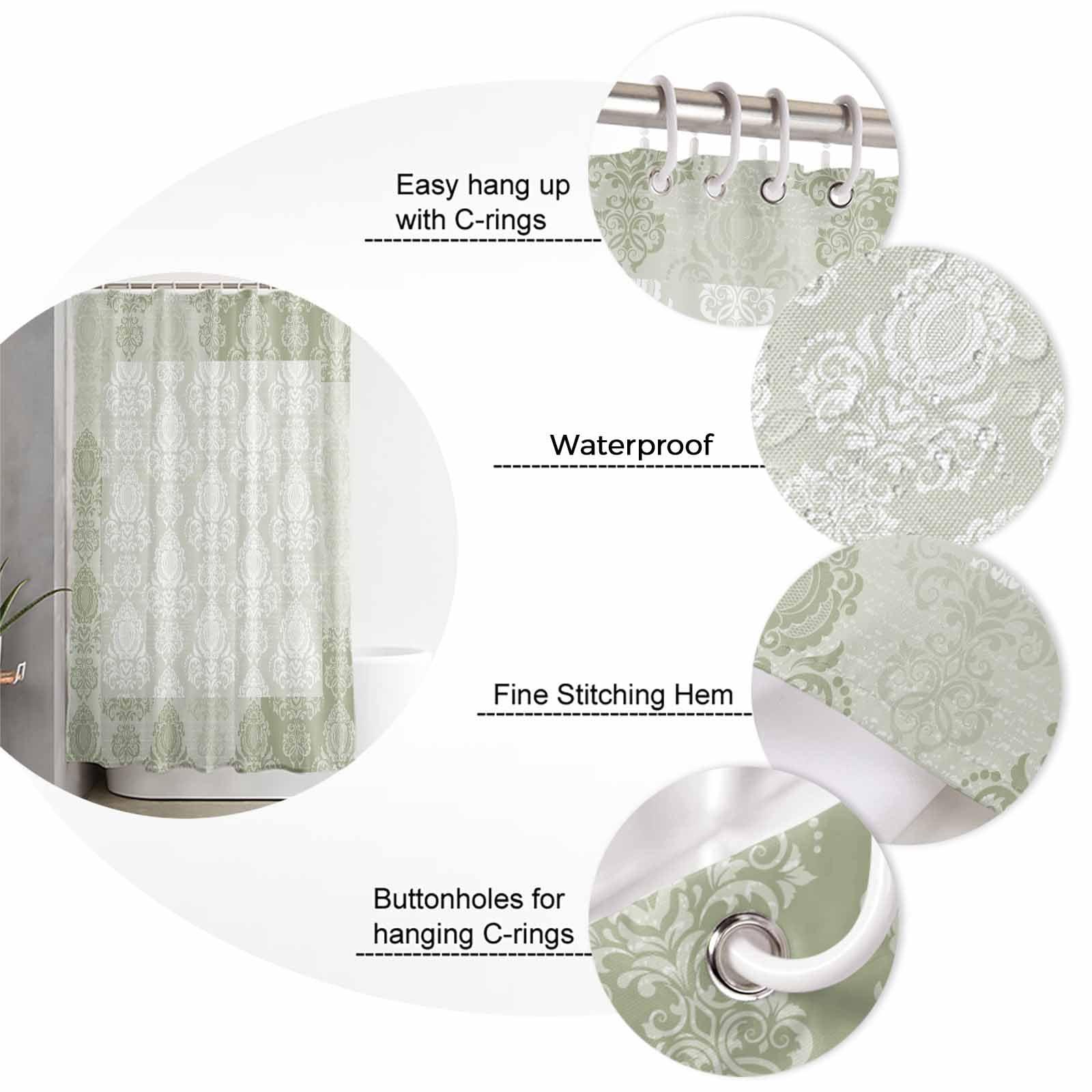 ZOE GARDEN Sage Green Damask Shower Curtain Set with Hook 72\" x 96\",Washable Cloth Polyester Fabric Shower+Curtain,Waterproof Bath Curtains for Bathroom,Showers,Bathtubs Retro Gradient Paisley Medallion Boho