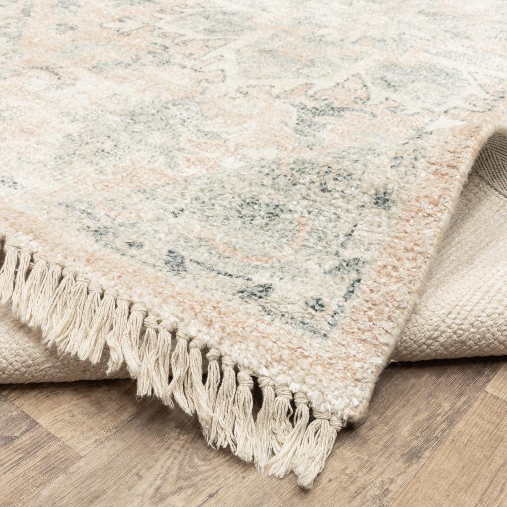 HomeRoots 10' X 13' Beige and Grey Oriental Hand Loomed Stain Resistant Area Rug with Fringe