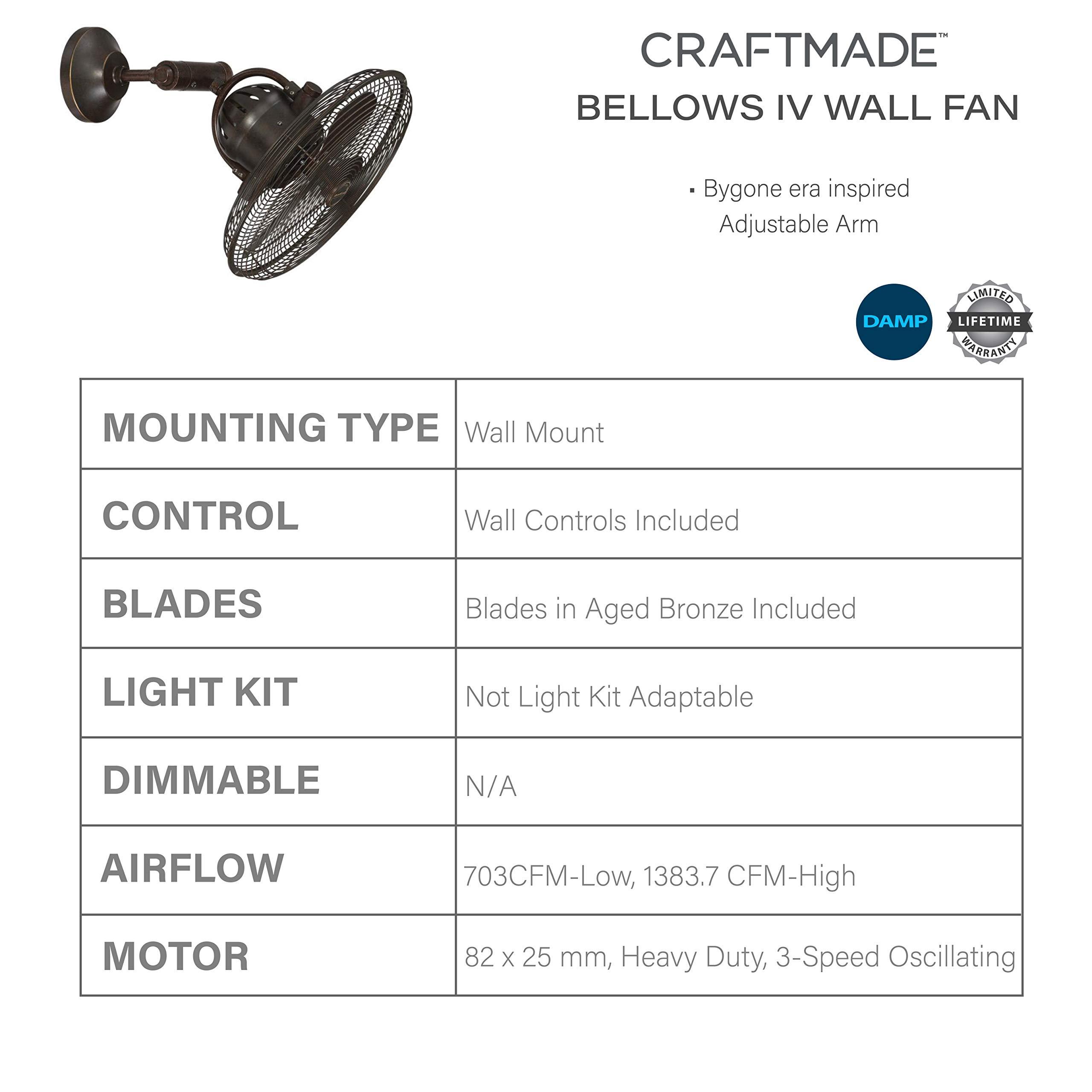 Craftmade Outdoor Wall Mount Fan by by Craftmade BW414AG3 Bellows IV 16 Inch Patio Fans Oscillating with Wall Control, Aged Bronze Textured