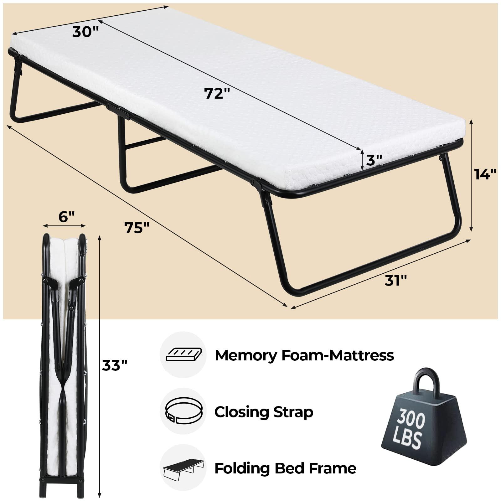 MAMIZO Folding Bed,Rollaway Bed with Mattress for Adults,Foldable Bed,Portable Bed,Metal Bed Frame with Memory Foam Mattress, Guest Bed for Bedroom,Office,Camp,No Assembly Required,(75\" x 31\"x14\")