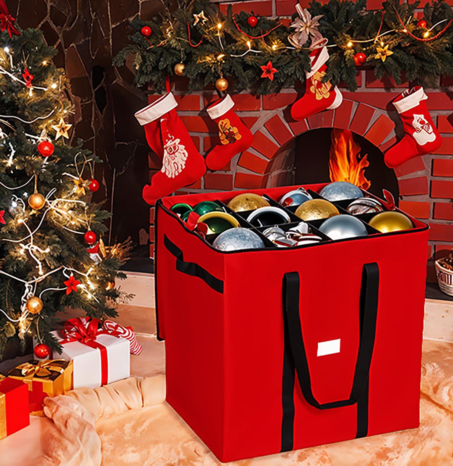 HOLDN STORAGE Christmas Extra Large Ornament Storage Container - Box Stores Up to 48 6 Ornaments With 4 Individual Trays -Heavy Duty 600D Tear Resistant Material, Zippered, Adjustable Dividers.