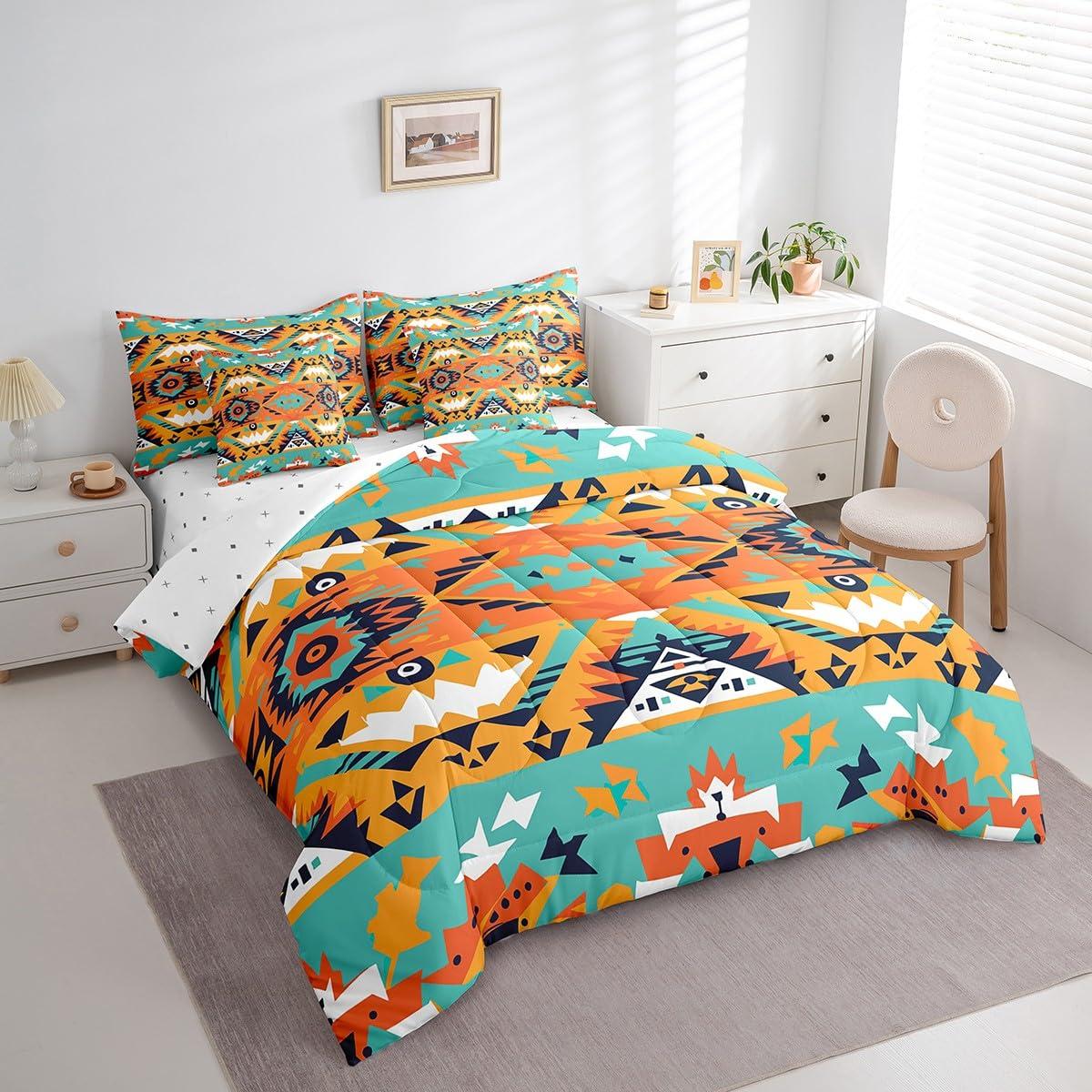 Erosebridal Erosebridal Aztec Bed in a Bag Queen Comforter Set 7 Piece,Indian Tribe Geometry Bedding Sets Southwestern Native Sheet Set with Comforter