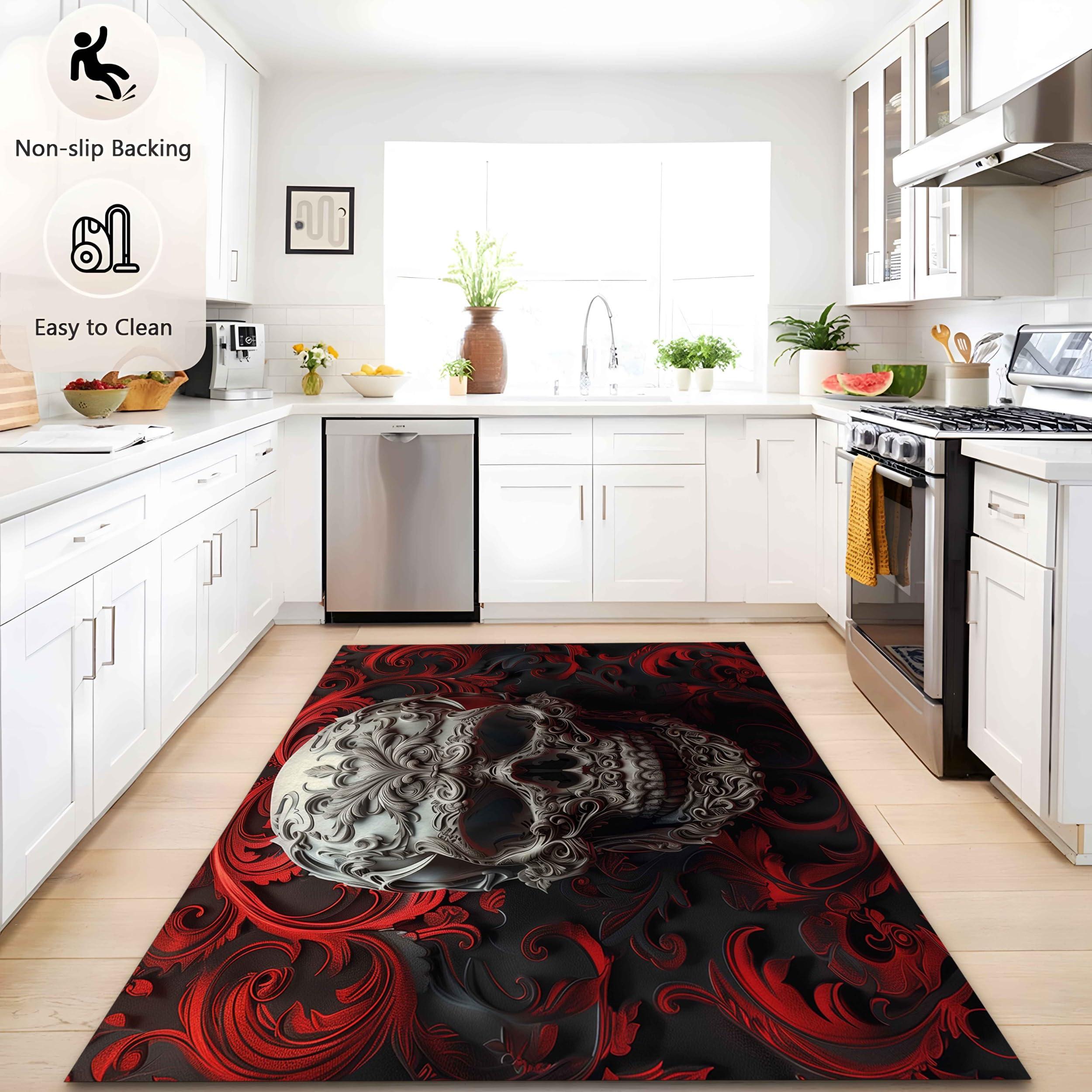 Bhoyctn Area Rugs 3ft x 5ft for Living Room - Area Rug Washable Non Slip Low Pile Rectangular Rug - Gothic Roses & Skulls Carpet for Bedroom Dining Room Kids Playroom Entrance Floor Mat Kitchen Rug