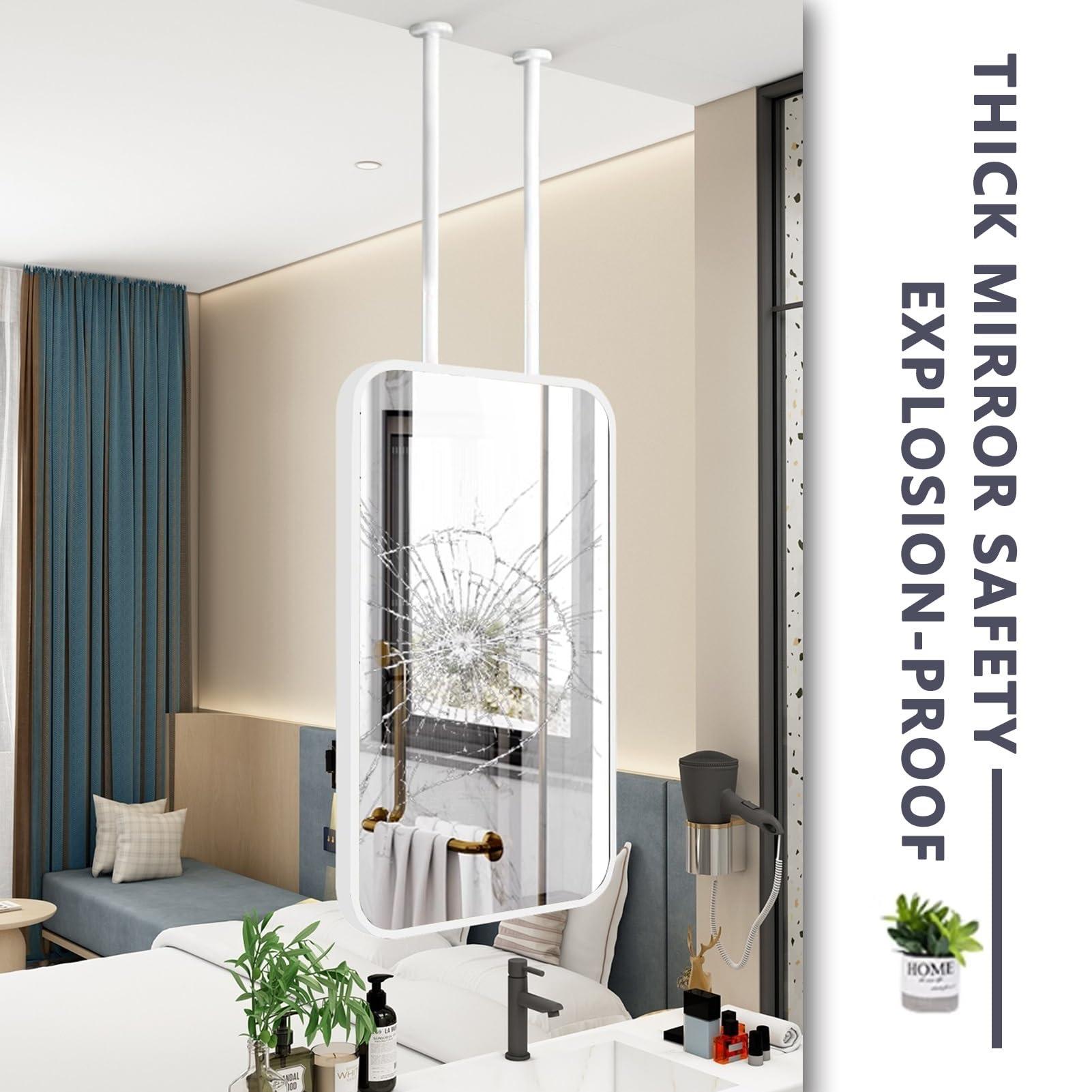 Gaommini Gaommini Large Rectangle Mirror Ceiling Hanging Rod Mirror with White Metal Frame, Square Ceiling Mounted Mirror for Bathroom Vanity Makeup Clear Practical (Size : 40cmx60cm)