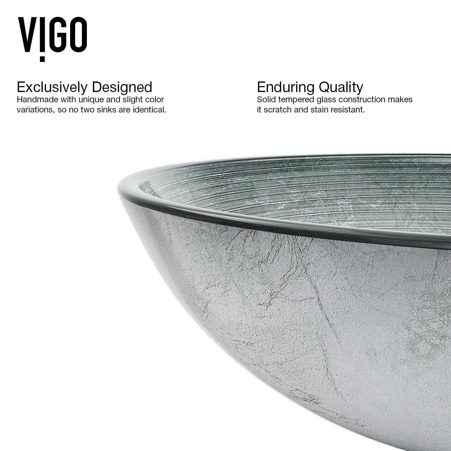 VIGO VIGO 17\" L -17\" W -12\" H Giovanni Glass Round Vessel Sink Set in Silver with Faucet and Drain -VGT609