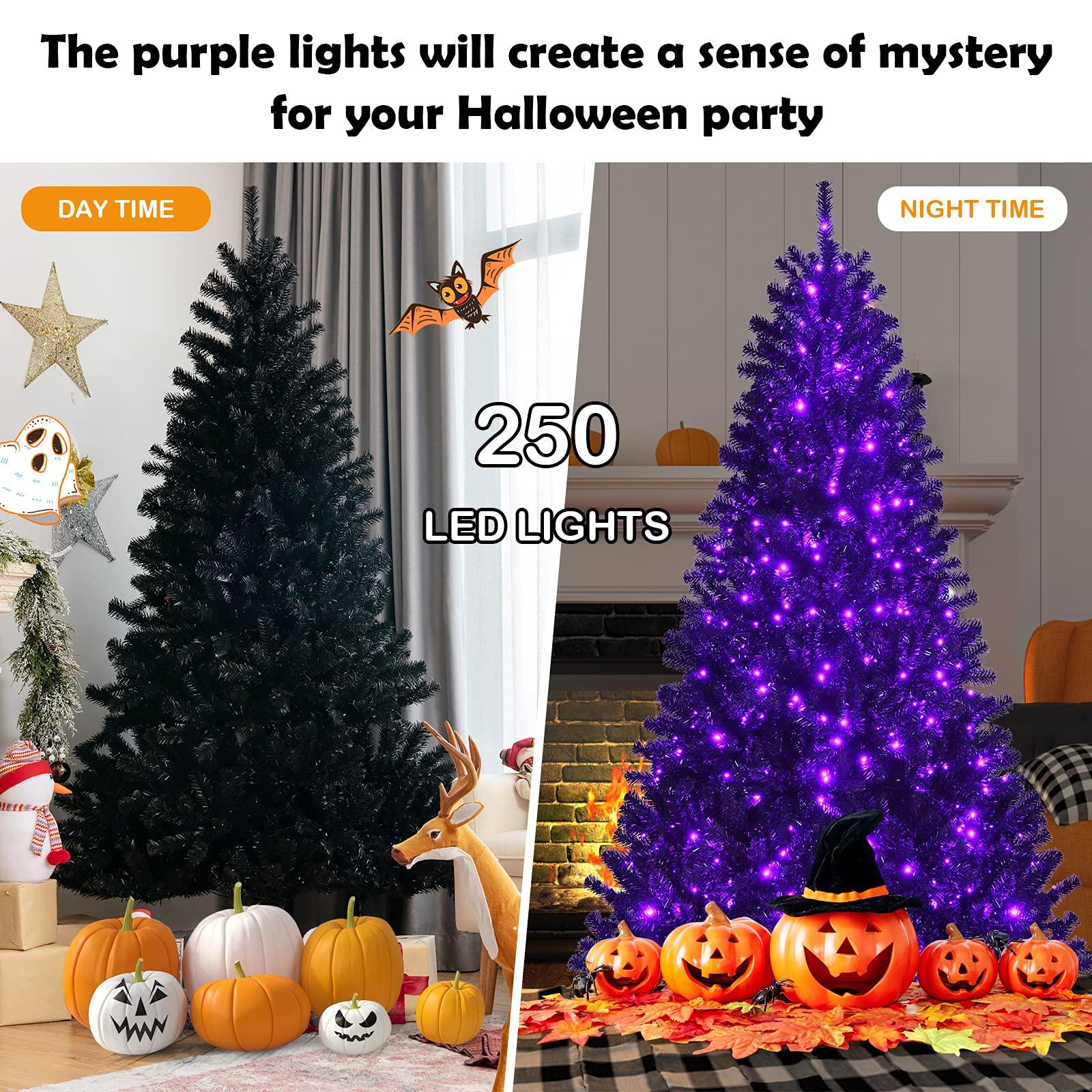 Goplus Goplus 6ft Pre-lit Black Christmas Tree, Hinged Artificial Halloween Tree w/ 250 Purple LED Lights & Metal Stand, Perfect Xmas Decoration for Holiday Festival Parties