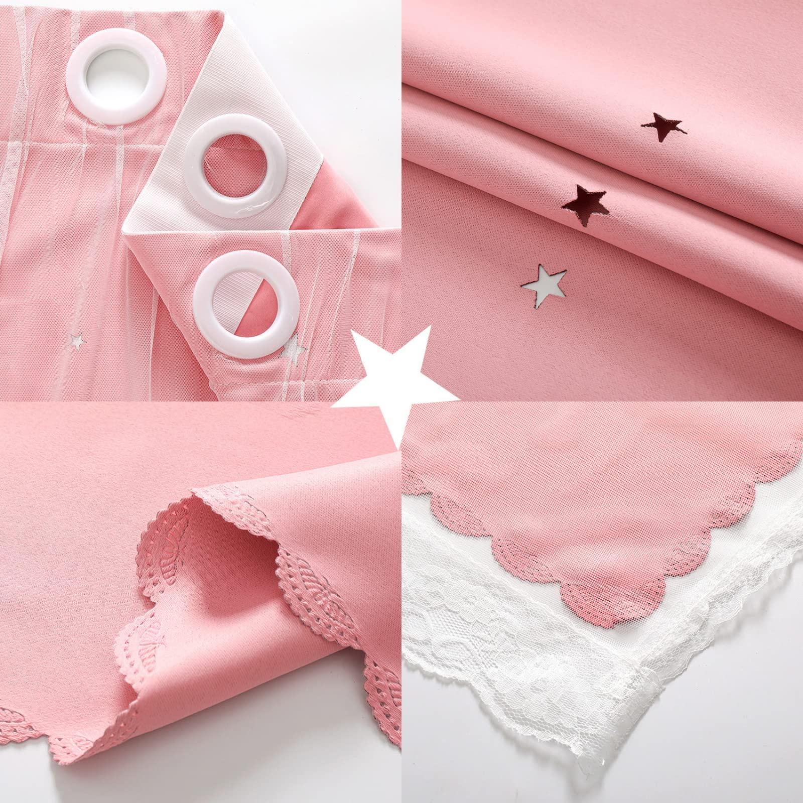 KTCLE KTCLE Star Curtain Kids Curtains for Girls Bedroom Living Room Blackout Curtain Double Layer Star Cut Out Grommet Window Curtains 1 Panel,Pink,70x63 in