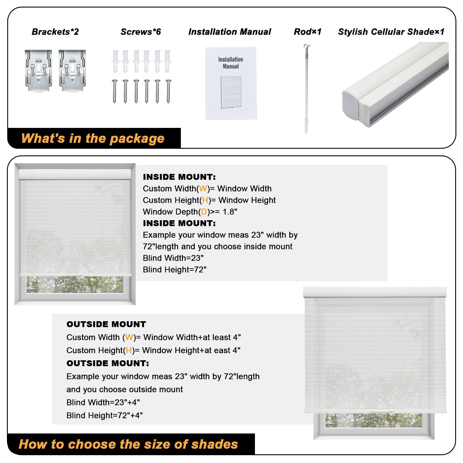 Persilux Persilux Custom Cordless Cellular Shades for Windows Sheer Blinds (White, 15"W x 48"H) 1.8" Single Cell Honeycomb Shades Bottom UP Cellular Blinds Semi-Transparent Honeycomb Blinds for Windows, Home