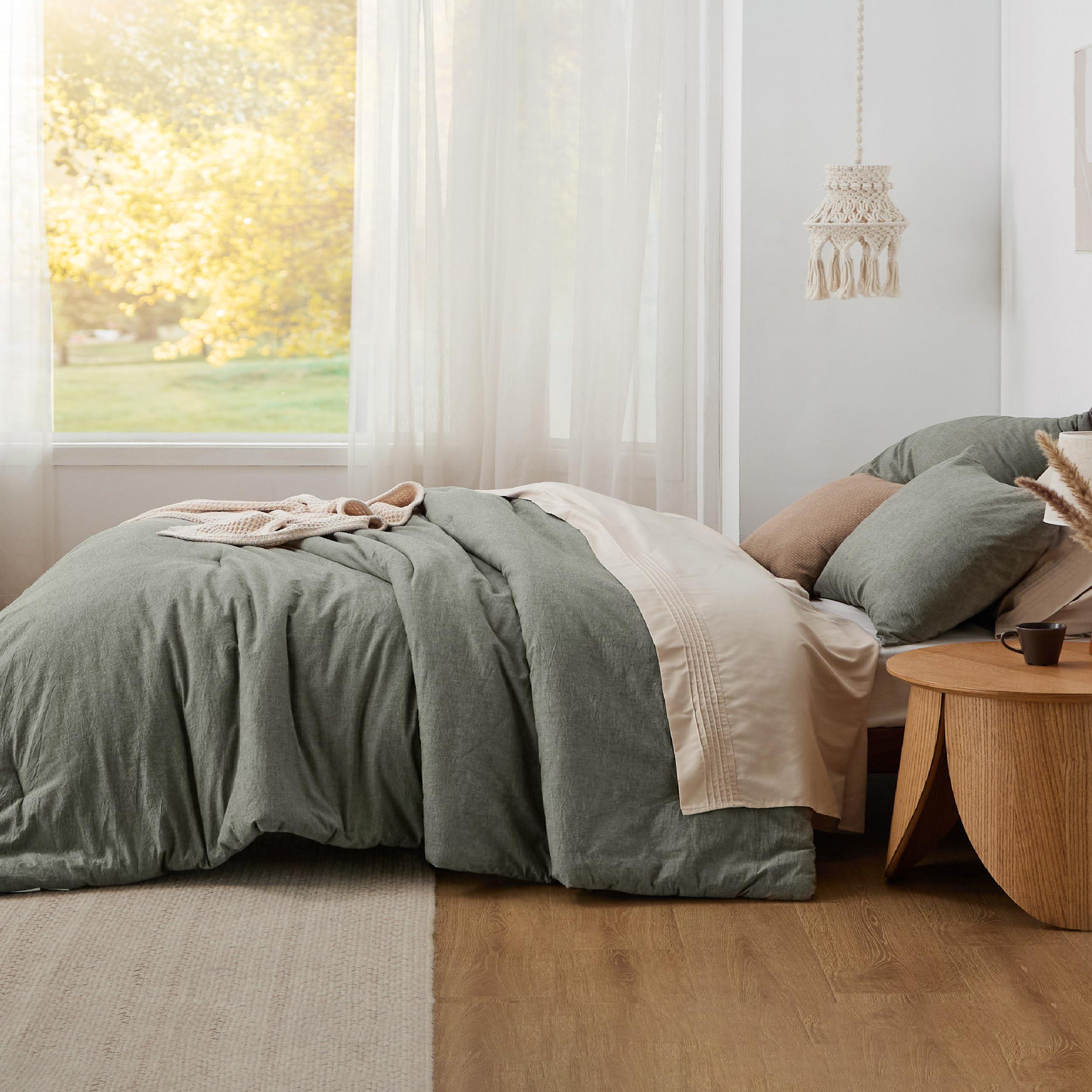 Bedsure Bedsure Comforter Set King Size - Cotton Fabric with Microfiber Inner Fill, Grayish Olive Green Soft Bed Set for All Seasons, 3 Pieces, 1 Comforter (104\" x 90\") and 2 Pillow Cases (20\" x 36\")