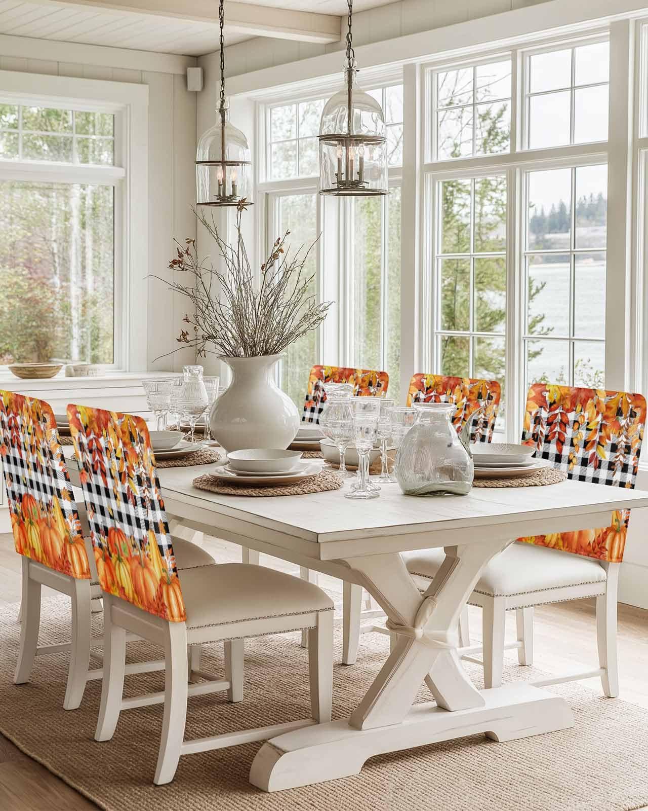 LOVE HOME DAY Fall Thanksgiving Chair Back Covers Set of 8,Orange Pumpkin Maple Leaf Harvest Farm Chair Slipcovers,Black and White Removable Dining Chair Protector for Kitchen Hotel Restaurant Banquet Decor