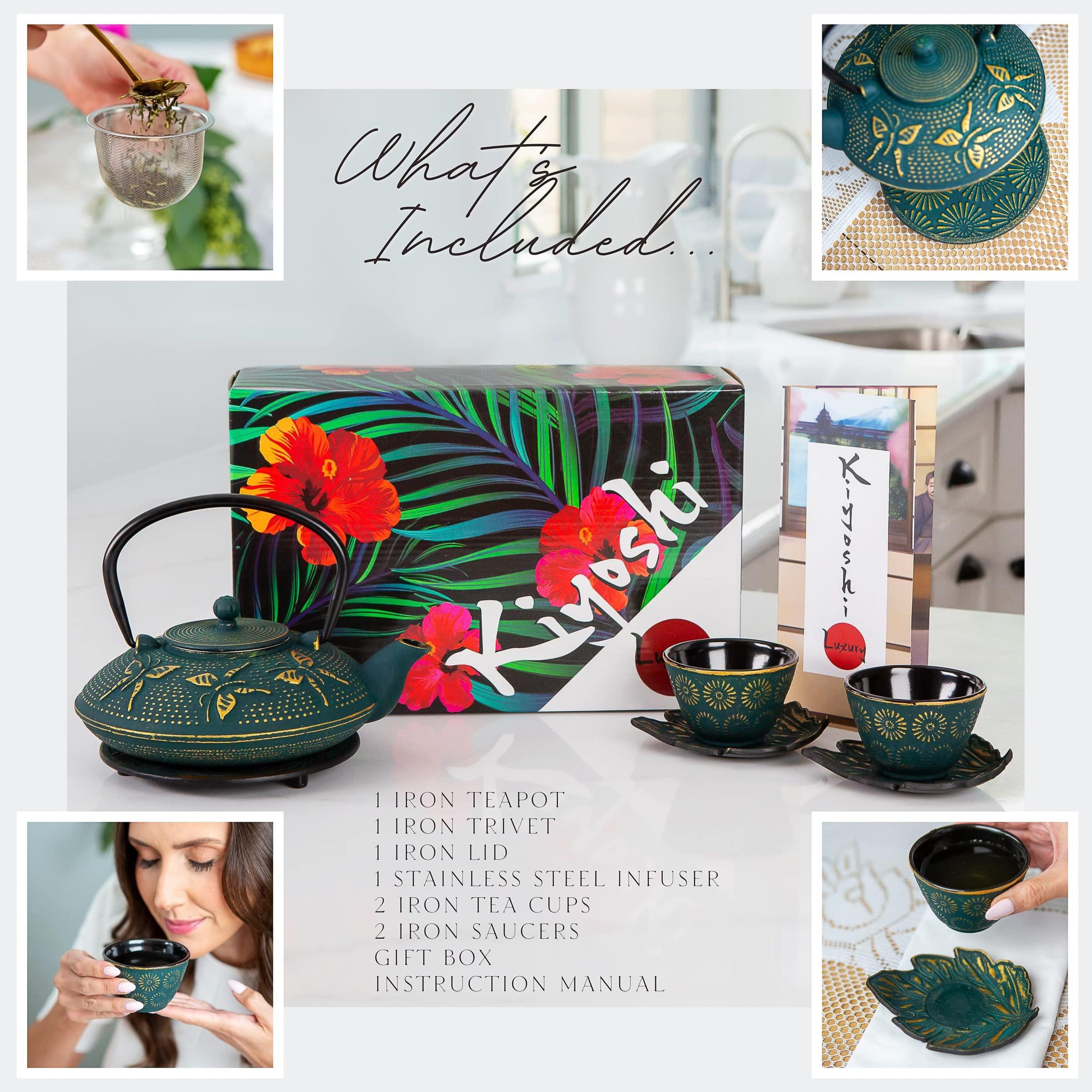 KIYOSHI Luxury KIYOSHI Luxury 7PC Japanese Tea Set. "KIYOSHI Green" Cast Iron Tea Pot with 2 Tea Cups, 2 Saucers, Infuser and Teapot Trivet. Ceremonial Matcha Accessories