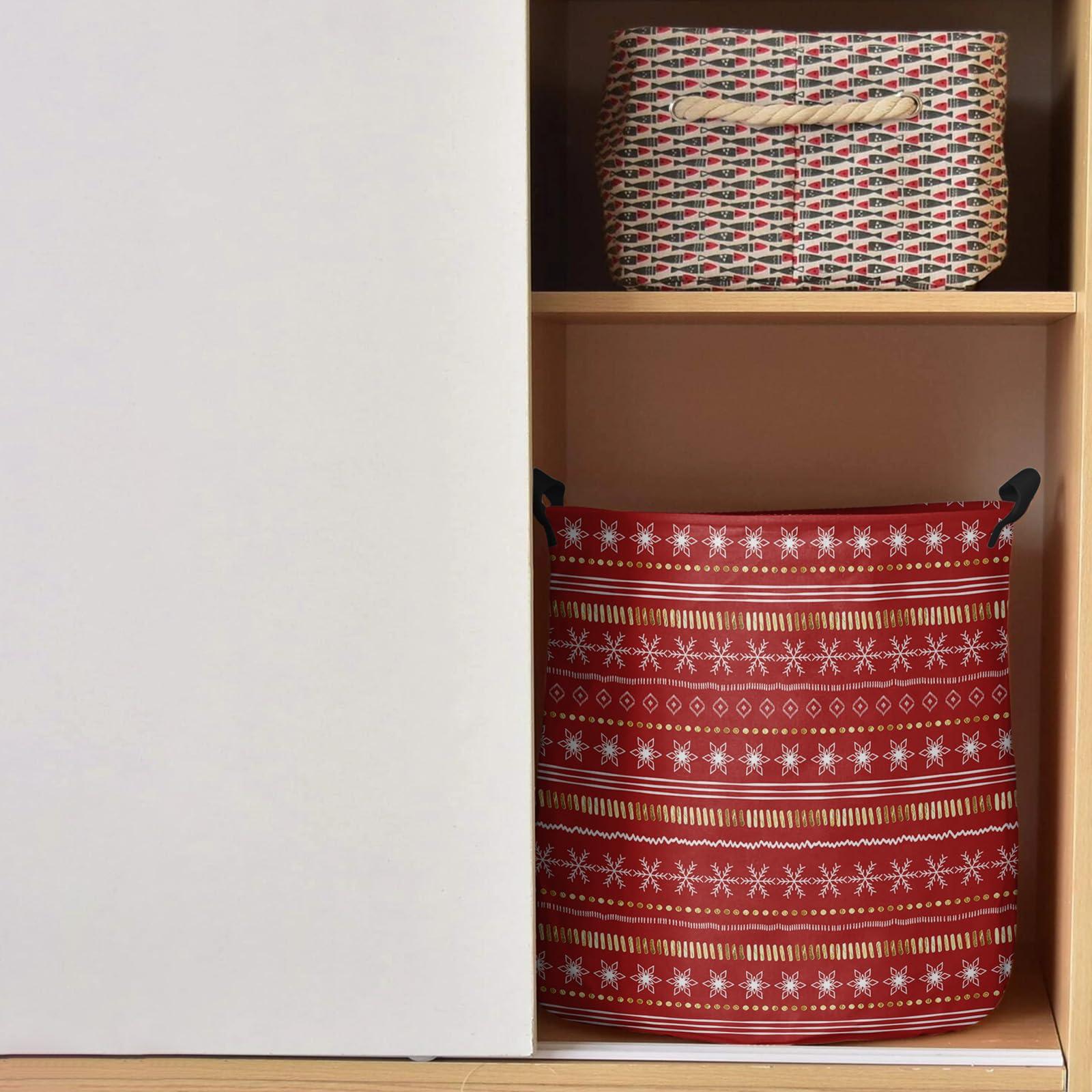 ZOE STORE Red Christmas Large Laundry Basket, Waterproof Laundry Hamper for Baby Clothes, White Winter Snowflake Yellow Geometric Abstract Foldable Laundry Baskets with Handles, 16.5\'\'x17\'\'