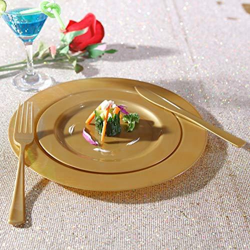 I00000 I00000 102 Pieces Solid Gold Disposable Plates, Gold Plastic Plates, Premium Plastic Party Plates Includes: 51 Dinner Plates 10.25 Inch and 51 Salad/Dessert Plates 7.5 Inch
