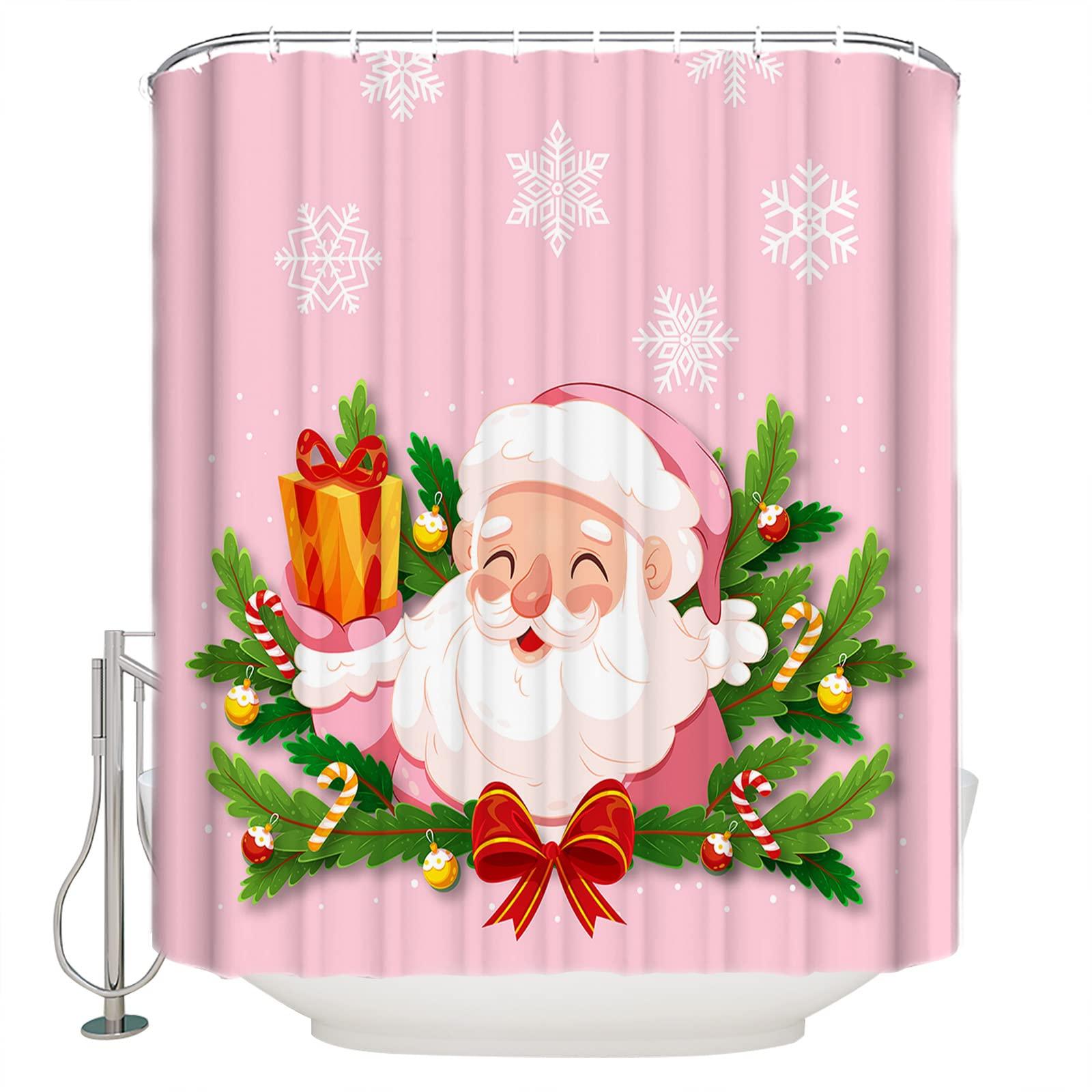 TocaHome TocaHome Waterproof Shower Curtain Set for Bathroom with Hooks, Christmas Santa Claus Pine Needles Snowflakes Pink Polyester Fabric Shower Curtains Sets Machine Washable Bath Curtain 72\"x96\"