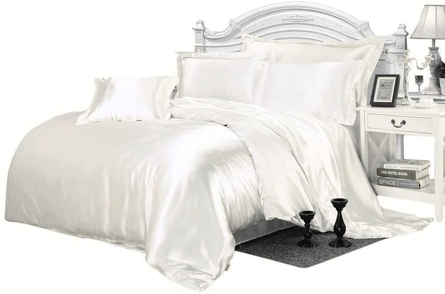 Cotton Home Depot Cotton Home Depot White Silk Satin Comforter Set King - All Season 500 GSM 7 Piece (Comforter + Flat Sheet + Fitted 19\'\' Deep + 4 Pillowcases) Comforter Sheet Set Wrinkle Fade Free Bedding Set