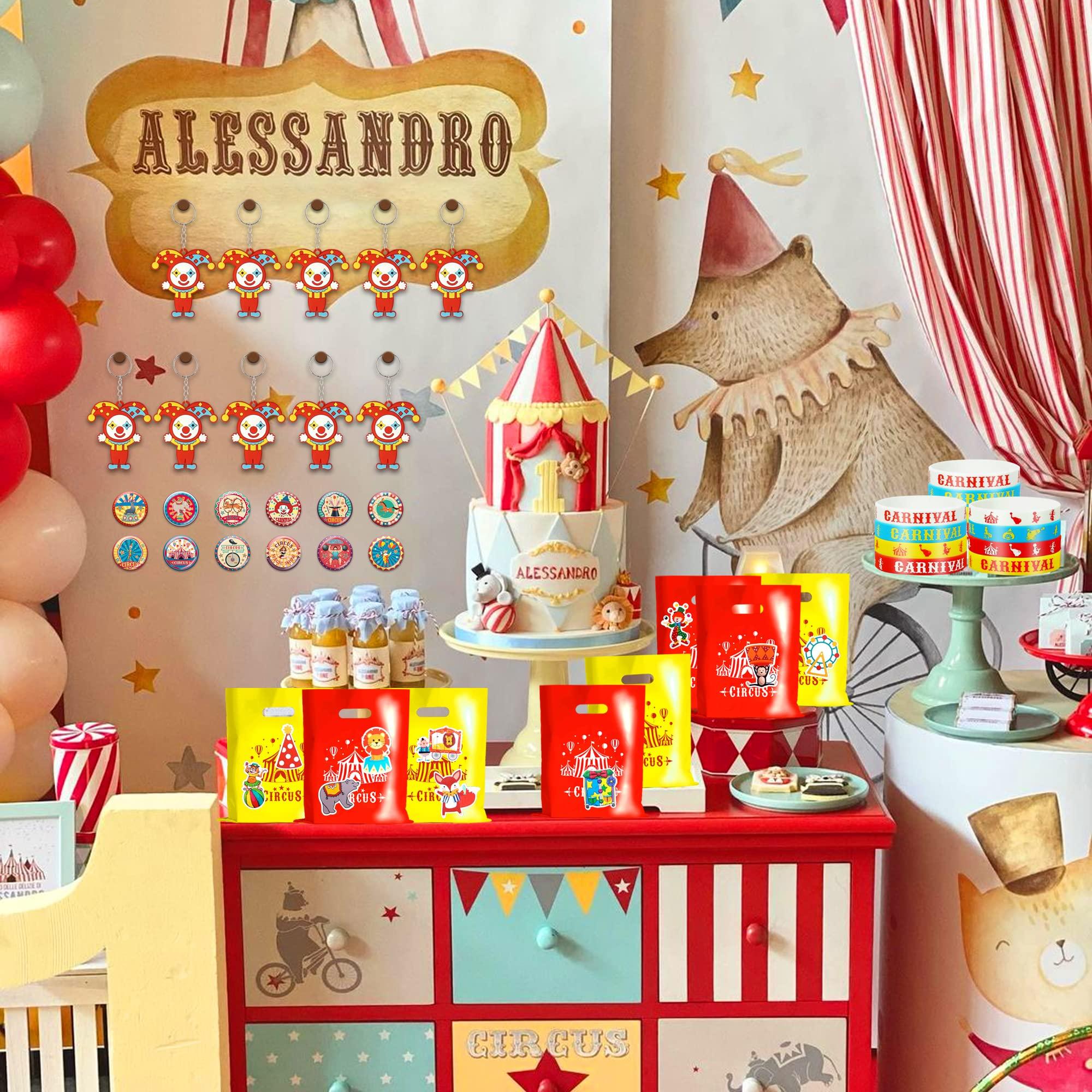 BUYWUMORE BUYWUMORE 98 PCS Circus Party Favors, Clown Keychains Goodie Bags with Stickers, Rubber Bracelets, Button pins and Bags for Circus Carnival Theme Party Supplies Baby Shower (Circus)