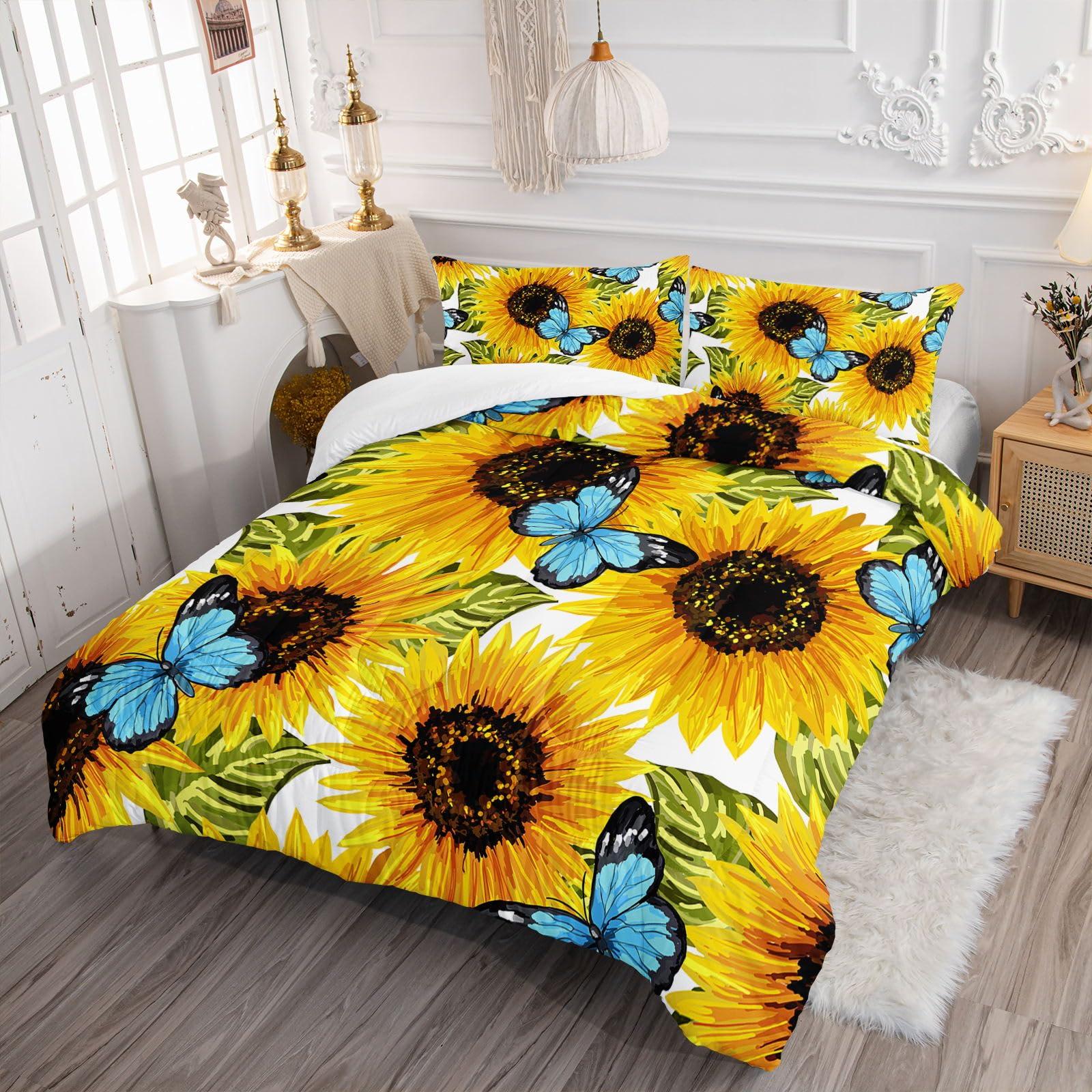 Axolotl Axolotl Sunflower Bedding Set Full,Yellow Sunflowers Comforter Set,Butterfly Bedding Blue Butterflies,Flower Bedding Set,Summer Floral Comforter Set for Girls Kids Teens Adults,1 Quilt 2 Pillowcases