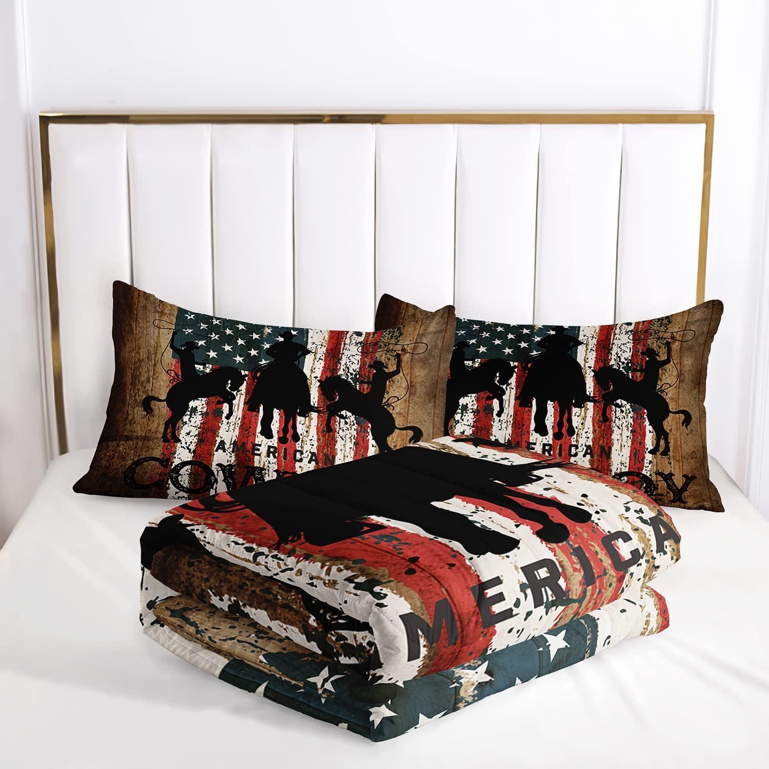 AILONEN AILONEN Western Cowboy Comforter Set for Kids Boys Teens, Rodeo Cowboy Riding Bull with Old Ranching Rope Bedding Set Full Size United States Retro Country Style,3-Piece,1 Quilt and 2 Pillowcases
