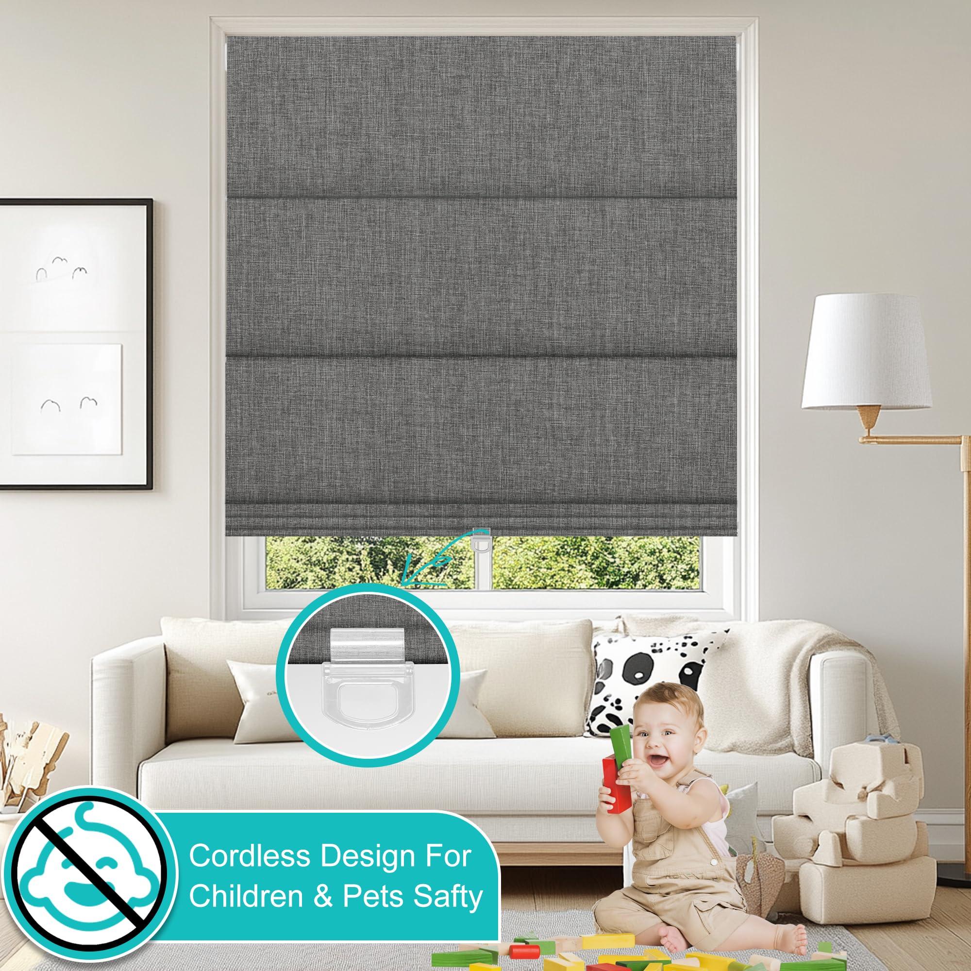 BERISSA BERISSA No Drill Cordless Roman Shades for Window, Blackout Roman Blinds Room Darkening Roll up Blinds Easy Install Linen Roman Window Shades for Inside Mount,28" W x 66" H,Linen Dark Gray