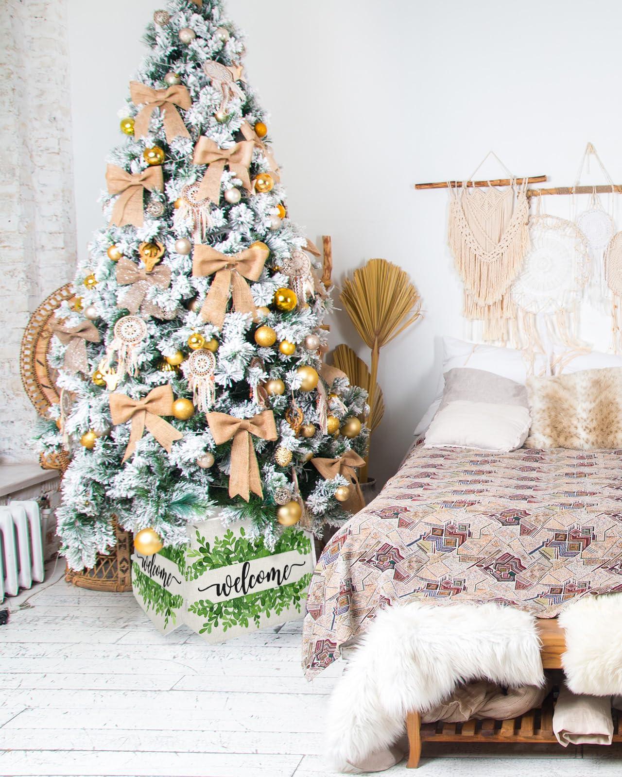 AMZRicher Christmas Tree Collar, Summer Botanical Tree Skirts Xmas Tree Trunk Ring Collar Box Stand Cover for Artificial Trees Base Holder Cover Festival Decor Welcome Green Leaf Rustic Burlap