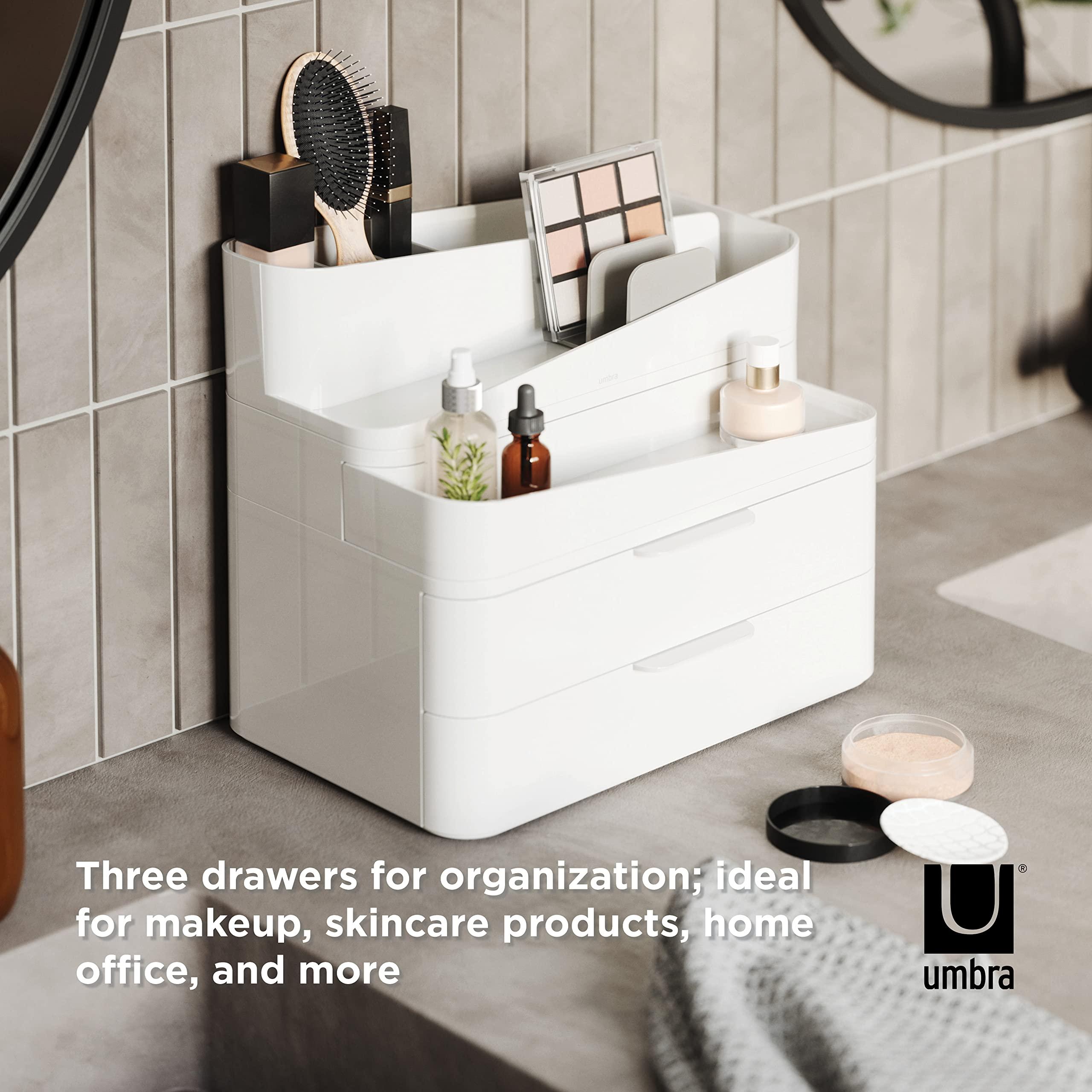 Umbra Umbra Glam Organizer, Large Cosmetic and Makeup Organizer with Three Drawers, Rubber Feet and Removable Dividers, White/Grey