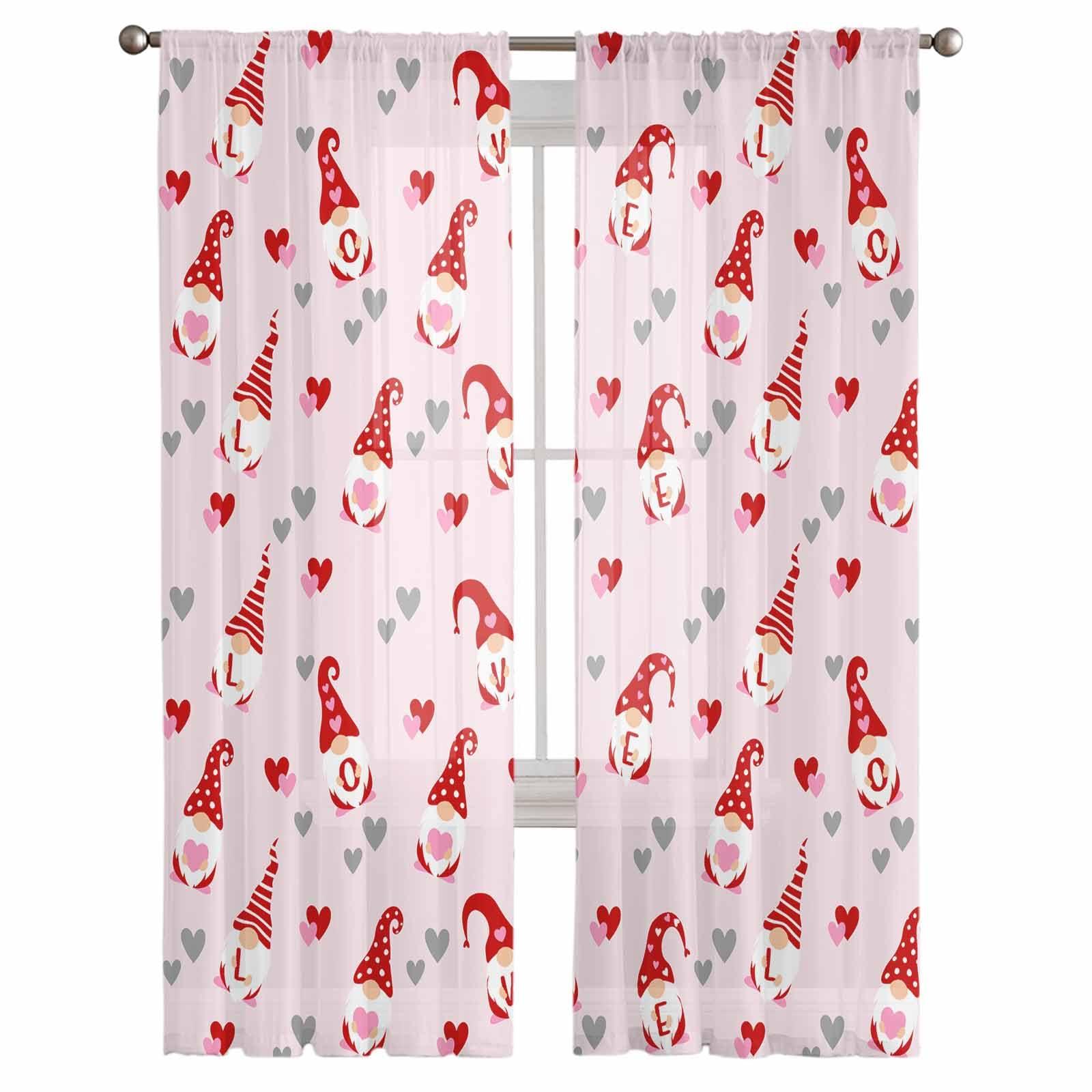 Wowouhiya Wowouhiya Valentine's Sheer Curtains 108 Inches Length 2 Panels Set Bedroom Curtain Drapes, Red Gnomes Love Heart Pink Semi Curtain Sheers for Living Room/Cafe, Rod Pocket Voile Window Treatment