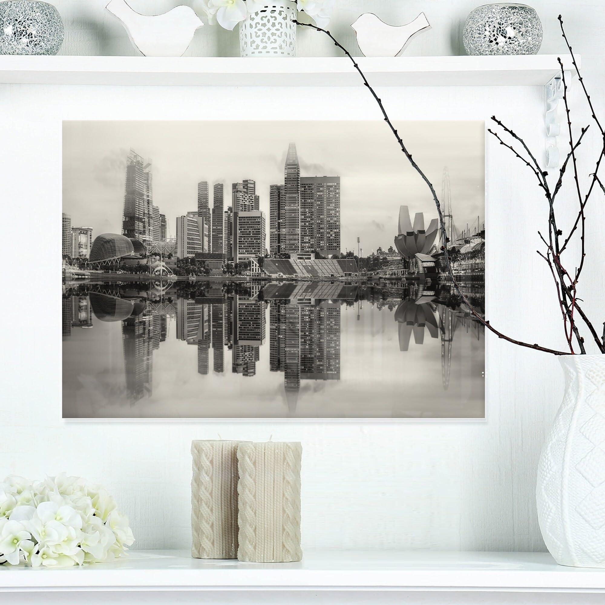 Design Art Design Art Singapore Skyline View Panorama Cityscape Metal Wall Art, 30\'\' H x 40\'\' W x 1\'\' D 1P, Black/White