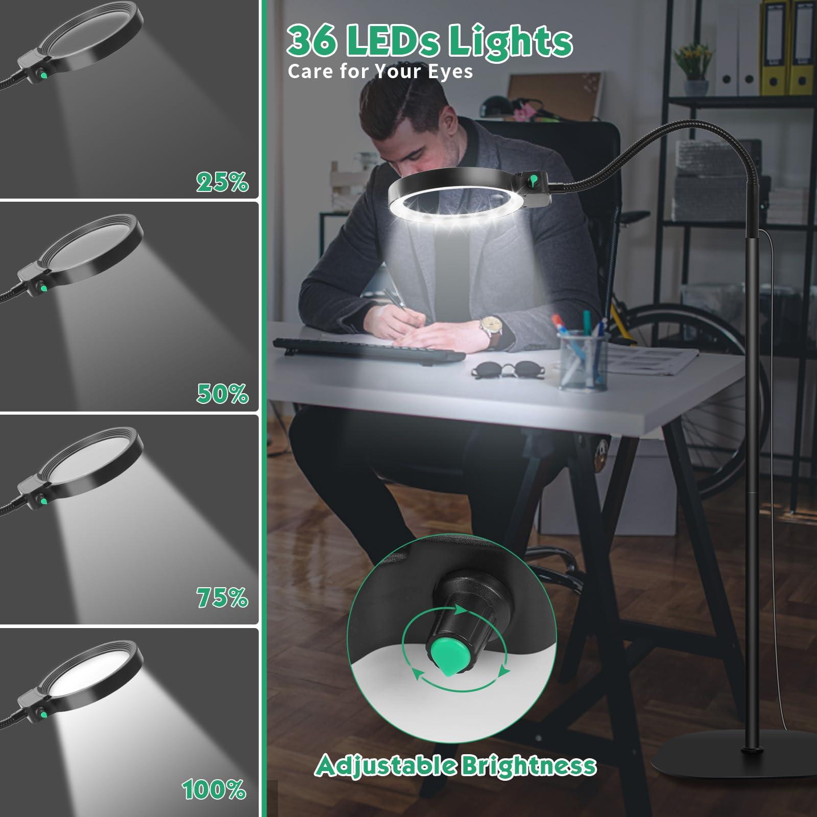 NZQXJXZ 10X 30X Large Floor Magnifying Glass with Light and Stand,36 LED Flexible Gooseneck Magnifying Lamp, Adjustable Brightness Large Lighted Magnifiers for Reading,Sewing,Crafts,Painting,DIY,Close Work